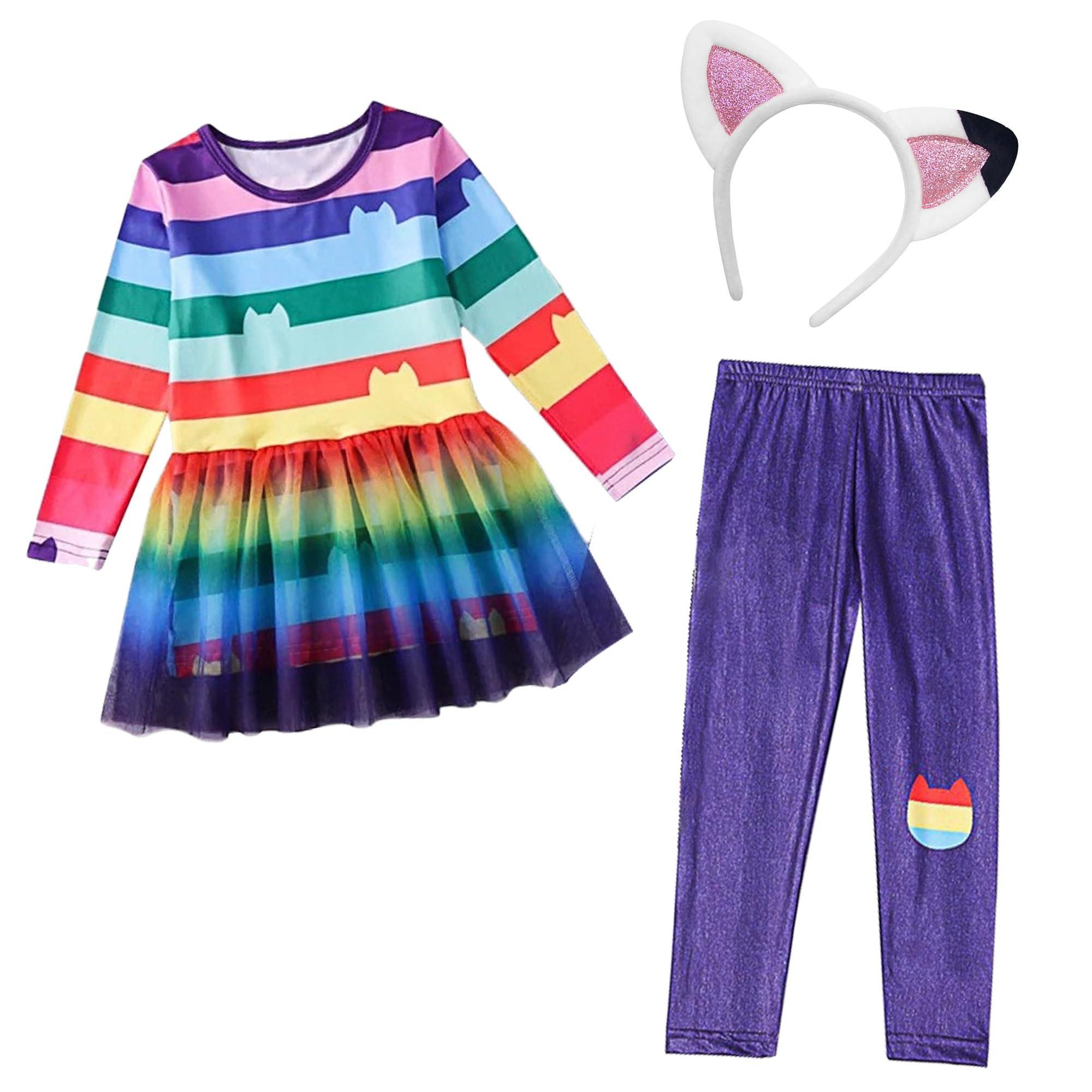 DAISYDUDS DAISYDUDS Cat Dollhouse Long sleeved mesh leggings Costume with Cat Headband, Halloween Christmas Outfits For Cutie130cm/6-7T multicolored