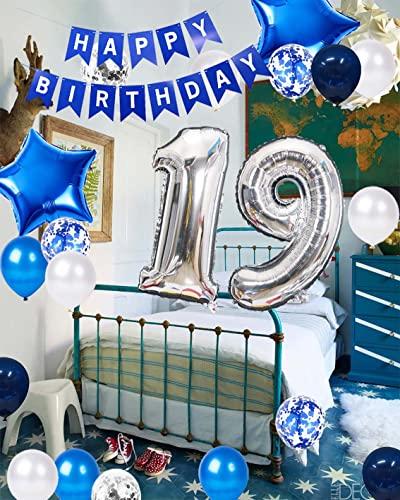 JumDaQQ 19th Birthday Party Decoration for Boys, Happy Birthday Banner Blue Number 19 Birthday Balloons 19th Birthday Latex Confetti Balloon for Boys Him Son 19 Years Old Birthday Decoration Supplies(19th)