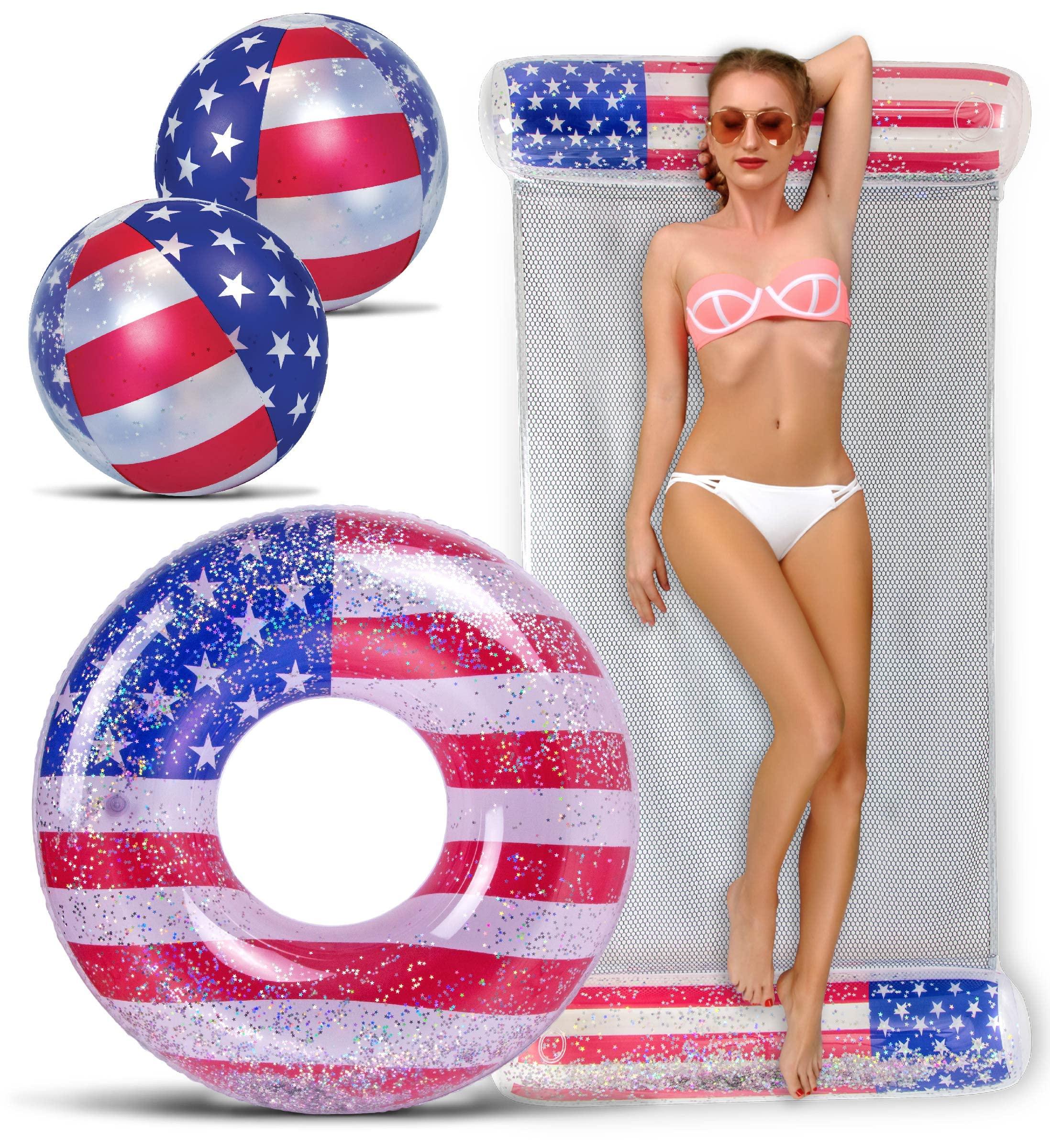 POZA POZA Inflatable USA Pool Floats - Luxurious Swim Floats Filled with Sparkling Silver Confetti Stars, Adults and Kids Swimming Pool Floats, Cool American Flag Floats for Pool, Beach, and Lake - 3 Packs
