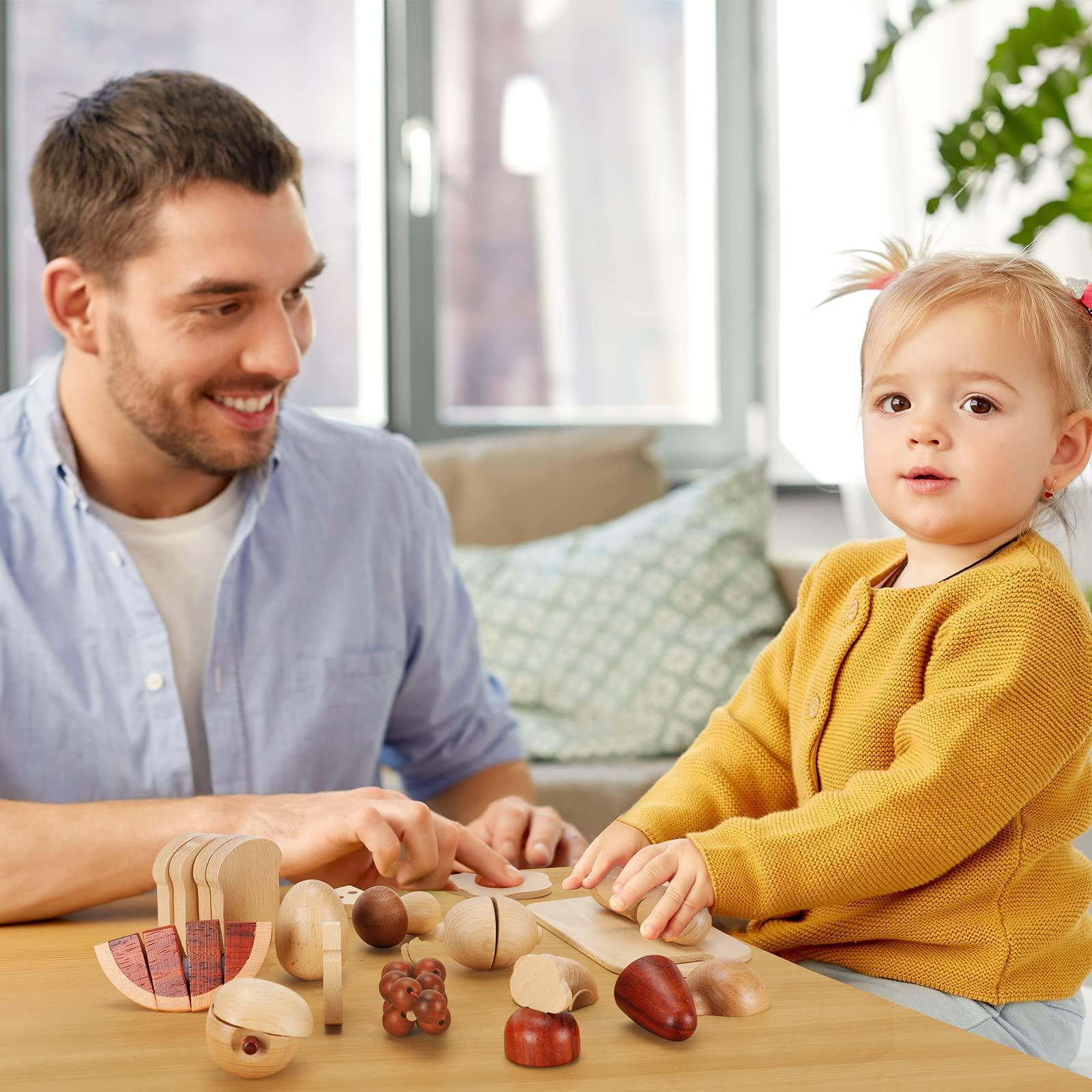 WHOHOLL WHOHOLL Wooden Play Food, Toddler Cutting Play Food Sets for Kids Kitchen, Velcro Fake Food Fruit Toys for Pretend Play Kitchen, Montessori Toy Kitchen Accessories for Girls Boys Gifts