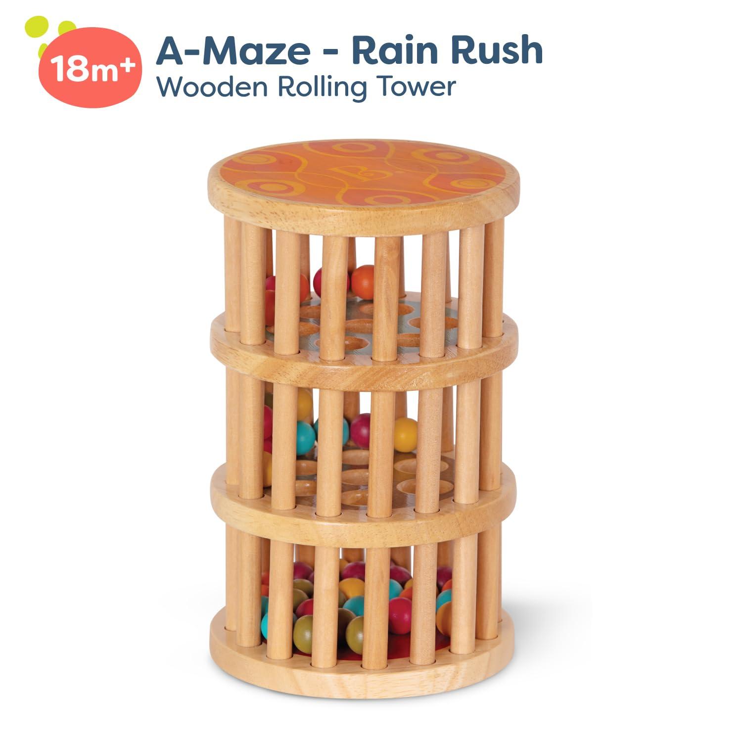 Branford Limited B. toys- A-Maze Rain Rush Dexterity Toy- Crawling Rolling Tower- Developmental Natural Wooden Rainmaker Toy- Toys for Toddlers