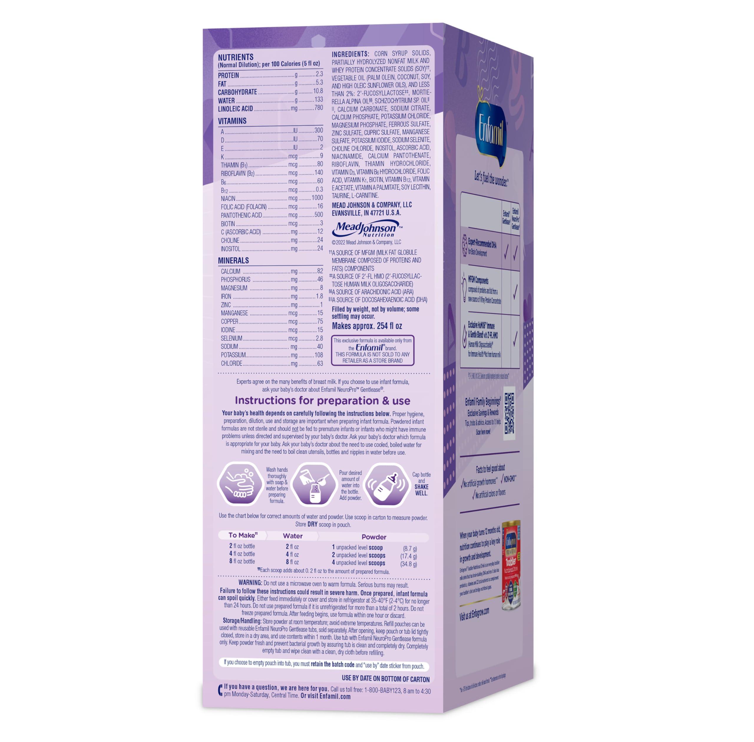 Enfamil Enfamil NeuroPro Gentlease Baby Formula, Brain Building DHA, HuMO6 Immune Blend, Designed to Reduce Fussiness, Crying, Gas & Spit-up in 24 Hrs, has Prebiotics to Promote Softer Stools, Baby Milk, 35.2 Oz (Pack of 4)