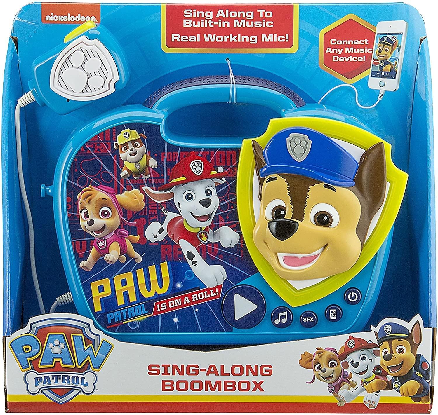 eKids EKids PW-115 Paw Patrol Sing Along Boombox with Microphone, Built in Music, Flashing Lights, Real Working Mic for Kids Karaoke Machine, Connects Mp3 Player Aux in Audio Device, Blue