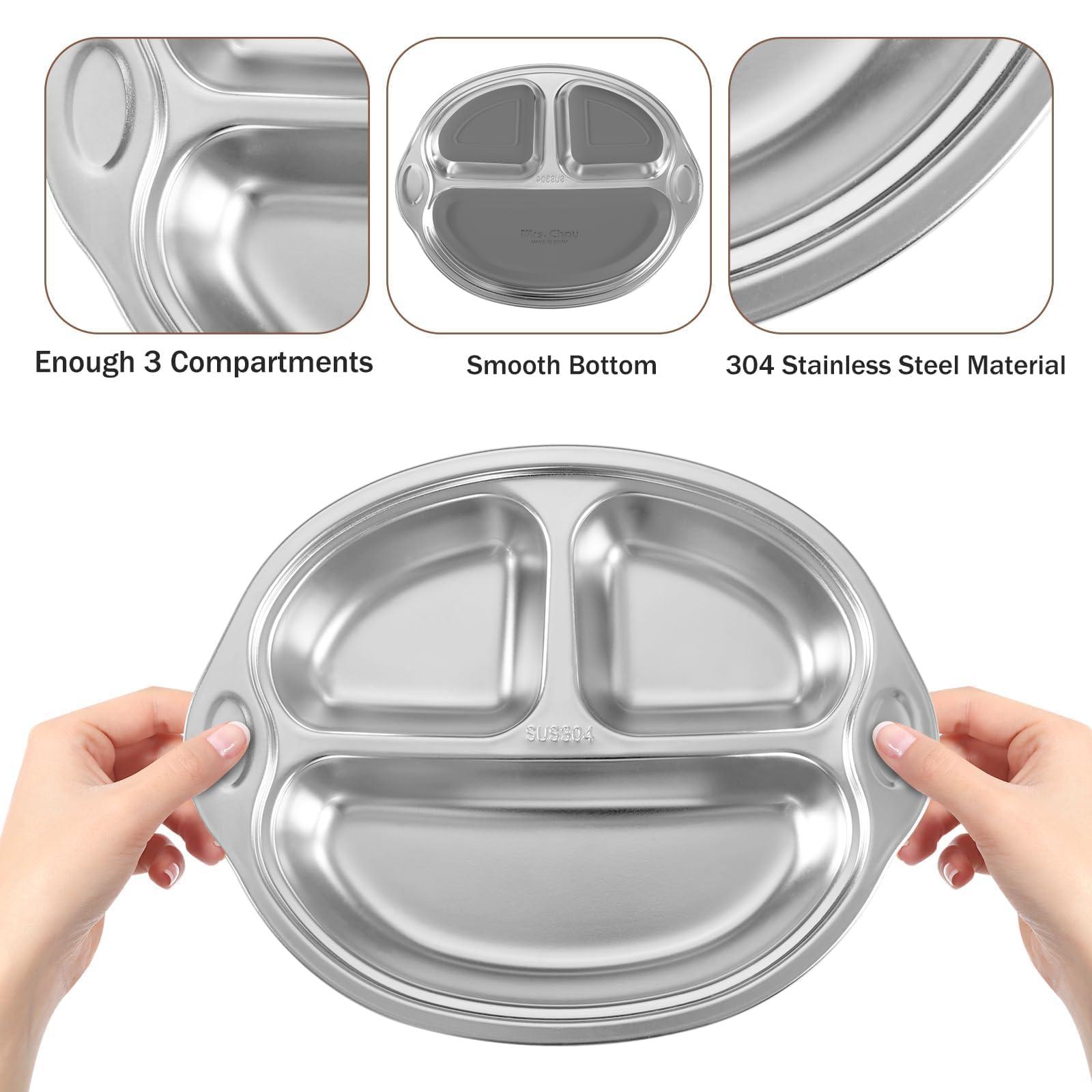 Mrs. Chou Stainless Steel Baby Suction Plates: Divided Plates Designed for Babies and Toddlers, Made of 100% Food-Grade Materials Ideal for Baby-Led Weaning BPA-Free Toddler Feeding Dishwasher Safe Gray