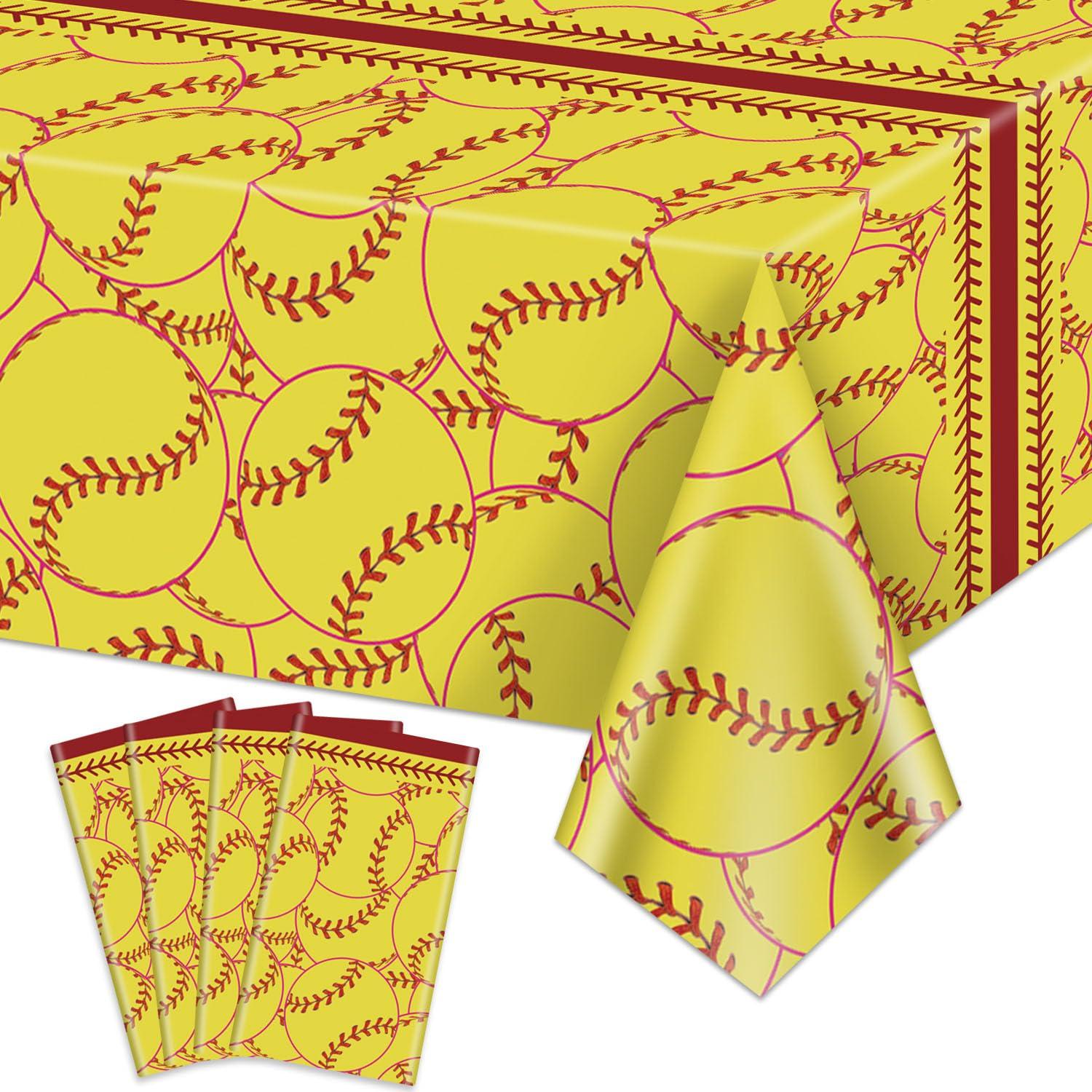 PTECDROTS PTECDROTS 4 Pcs Softball Tablecloths, Disposable Softball Party Decorations Table Covers, Softball Pattern Table Cloth for Softball Thee Sports Event Birthday Party Supplies, 51x86 Inch