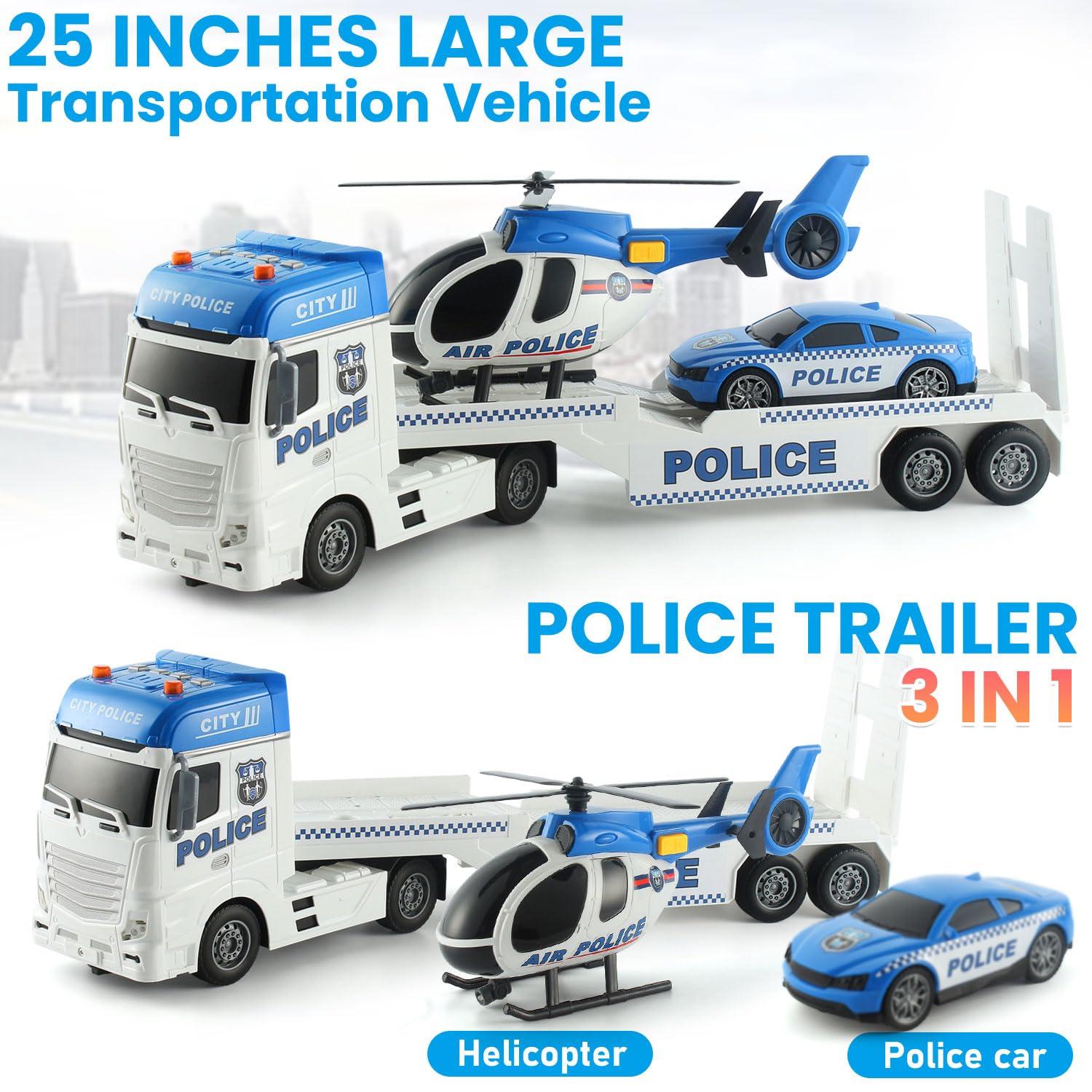 CSDCSD CSDCSD 25.6\'\' Large Police Car Toy and Semi Truck Toy with Racing Car and Helicopter - Police Toys,Birthday Gifts for Kids Child 3 4 5 6 Years Old