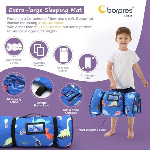 BORPRES Nap Mat with Pillow Blanket Set: Navy Dino Sleeping Mats for Toddler Kids - Thick Large Roll up Slumber Bag for Daycare Preschool Kindergarten Boys Girls