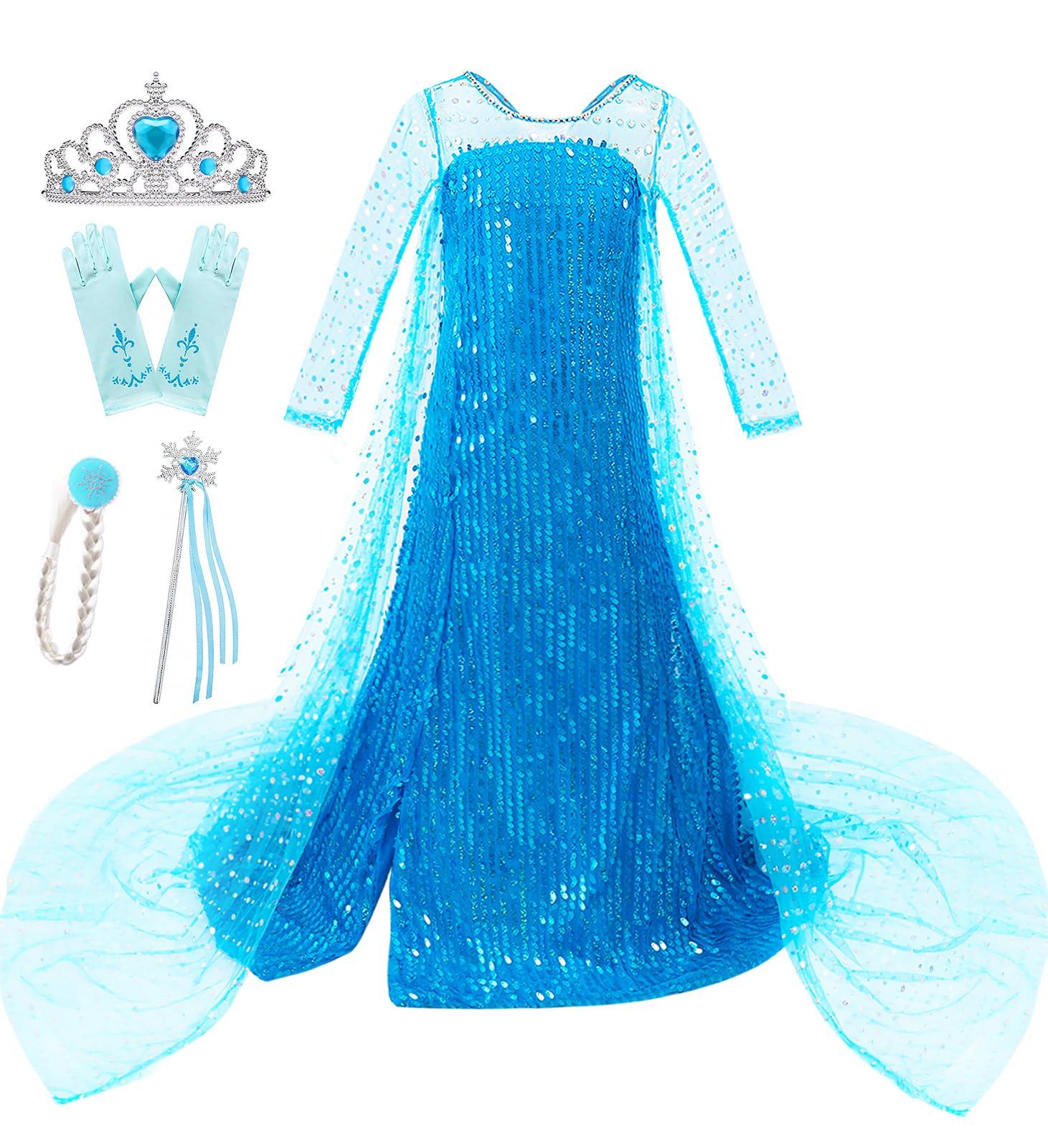 Esvaiy Esvaiy Girls Princess Elsa Dress Costume - Luxury Sequin Halloween Birthday Party Dress Up Kids 3t 4t 5t 6t 7t 8t (5-6 Years, Blue)