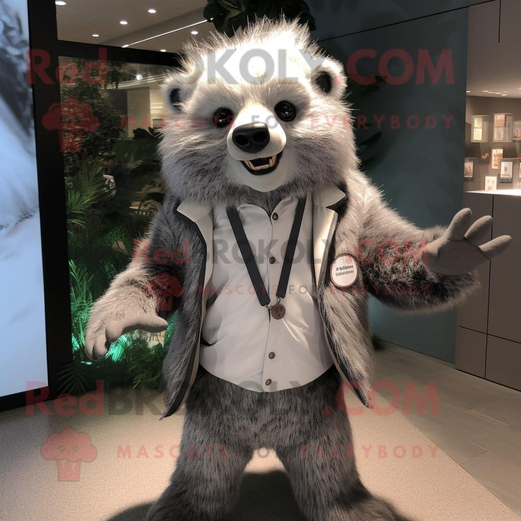 REDBROKOLY REDBROKOLY Silver Sloth Bear mascot costume character dressed with a Jacket and Cummerbunds