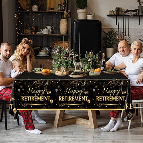 GREHUMOR GREHUMOR Happy Retirement Tablecloth 3Pcs-Retirement Party Decorations Black and Gold Tablecloth Plastic Rectangle Disposable Table Cover Rectangle Waterproof