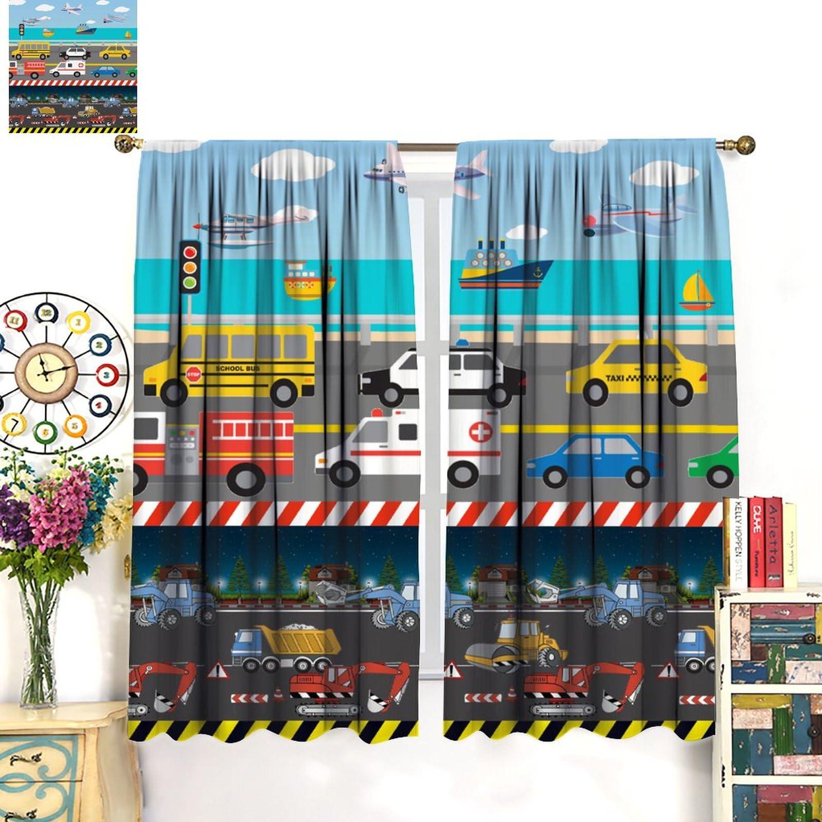 DDCBNS DDCBNS Kids Construction Curtains for Bedroom,Cartoon Colorful Cars Bulldozer Tractor Truck Airplane Ship Print Window Treatments for Boys Baby Room Nursery Study 2 Panels Set,Total Size 42 x 63 Inch