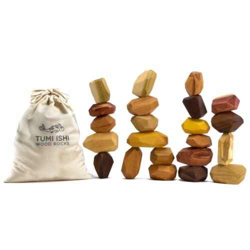 Tumi Ishi Tumi Ishi 22 Piece Natural Wooden Balancing Block Set - Sensory Educational Natural Wood Toy Stacking Game - Mixed Wood Species - USA Made - Jojoba Oil and Beeswax Finish - Wood Stone Building Blocks