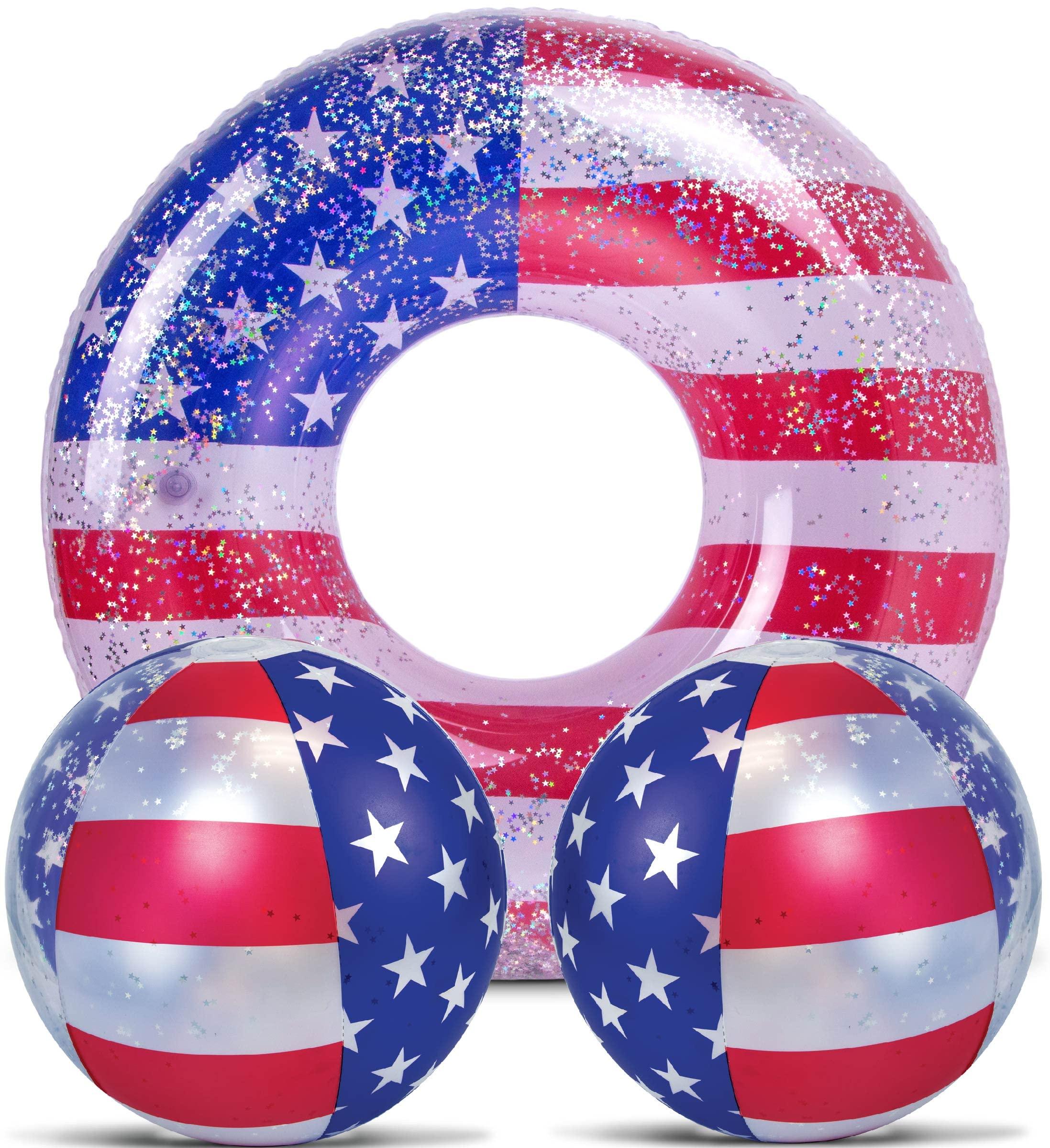 POZA POZA Inflatable USA Pool Float Tube and Beach Balls - Luxurious American Flag Design with Sparkly Silver Stars Confetti Pool Float and Inflatable Beach Balls, Water Inflatables for Pool, Beach, Lake
