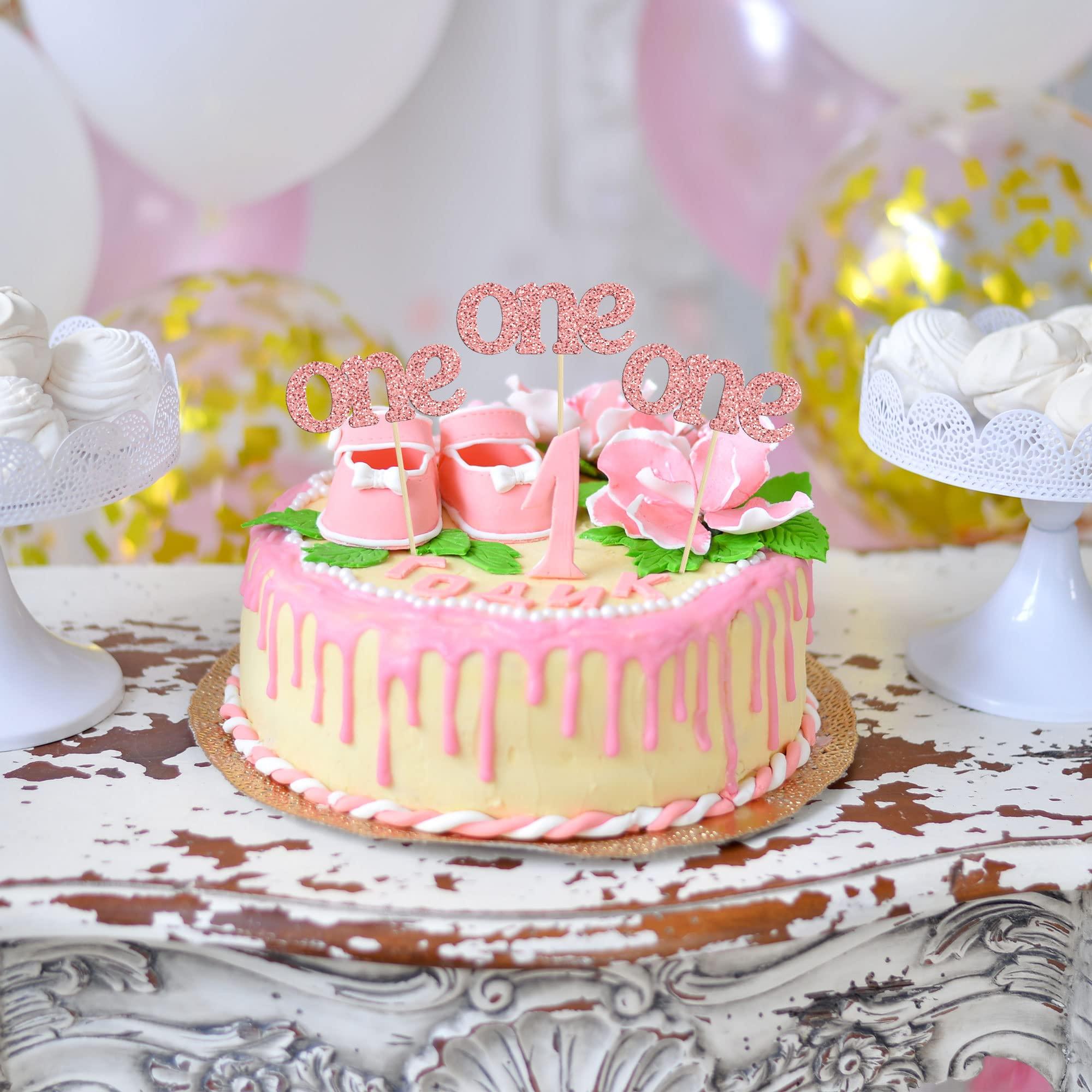 Ephlyn 24Pcs First Birthday Cupcake Toppers Glitter One Cupcake Picks Baby Shower 1st Birthday Cake Decorations Party Supplies Rose Gold