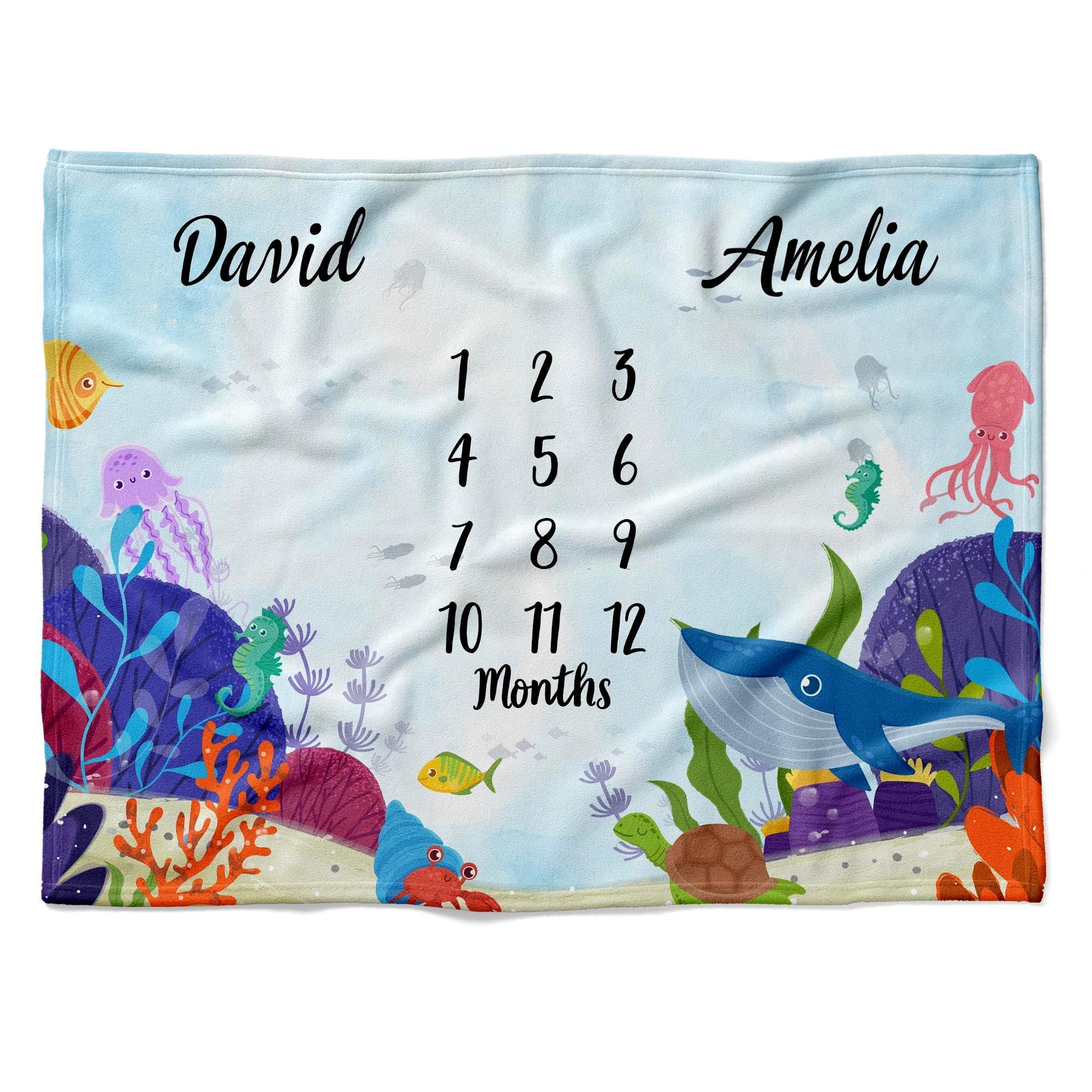 VibeCustom Personalized Ocean Wonderland Baby Blanket, Custom Names Underwater ThemeTracker, Soft Plush Marine Life Growth Chart, Nautical Nursery Decor
