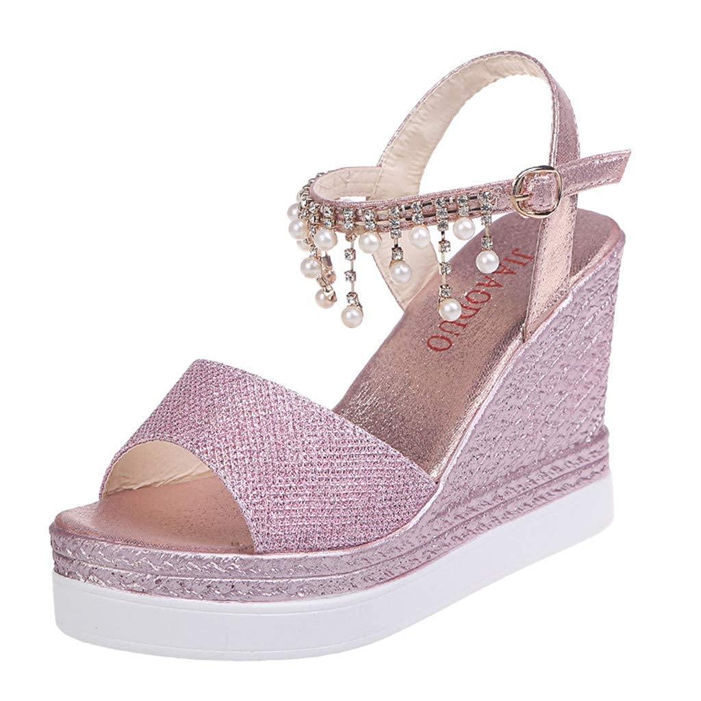 ZBYY ZBYY Women's Wedge Platform Sandal,Summer Dressy with Pearl Open Toe Platform Sandals Ankle Strap High Heels Sandals