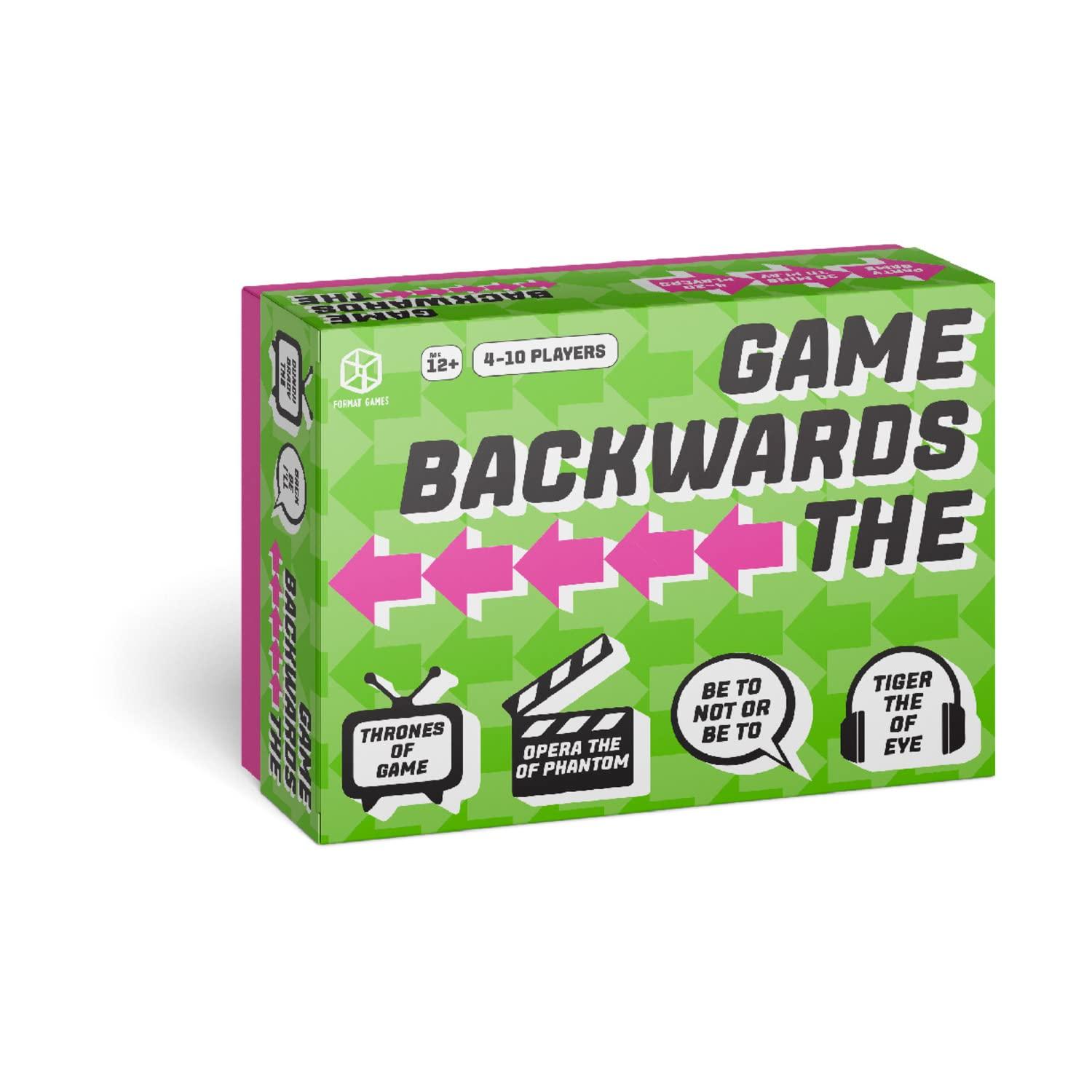 Format Games The Backwards Game - Silly Reverse Challenges and Word Play Fun! Cooperative Party Game, Family Game for Kids & Adults, Ages 12+, 4-10 Players, 30-60 Minute Playtime, Made by Format Games