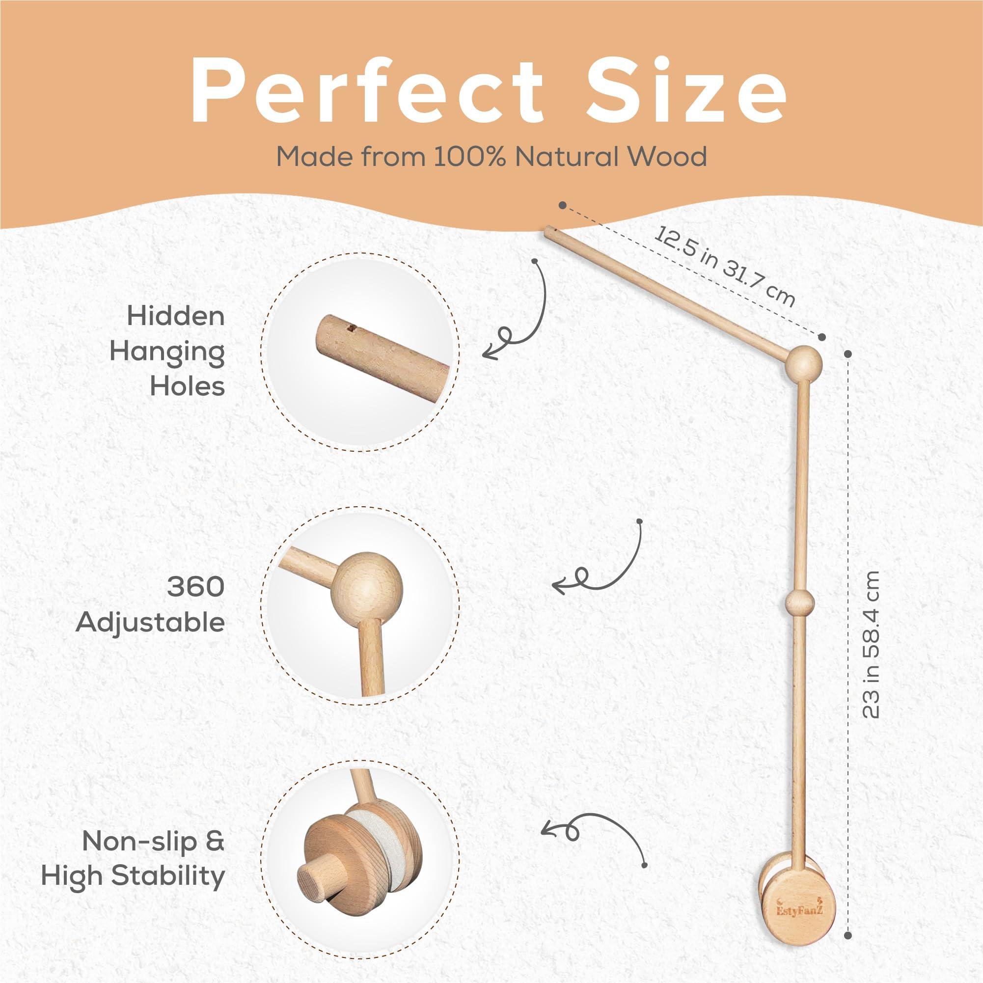 EstyFanZ Wooden Crib Mobile Arm - Safe and Rotating Baby Mobile Hanger, 33 Inch Mobile Holder for Crib - Perfect Baby Crib Mobile Arm, Easy-Install Mobile Hanger for Crib - UP to 0.8 Inch Width Crib Rail