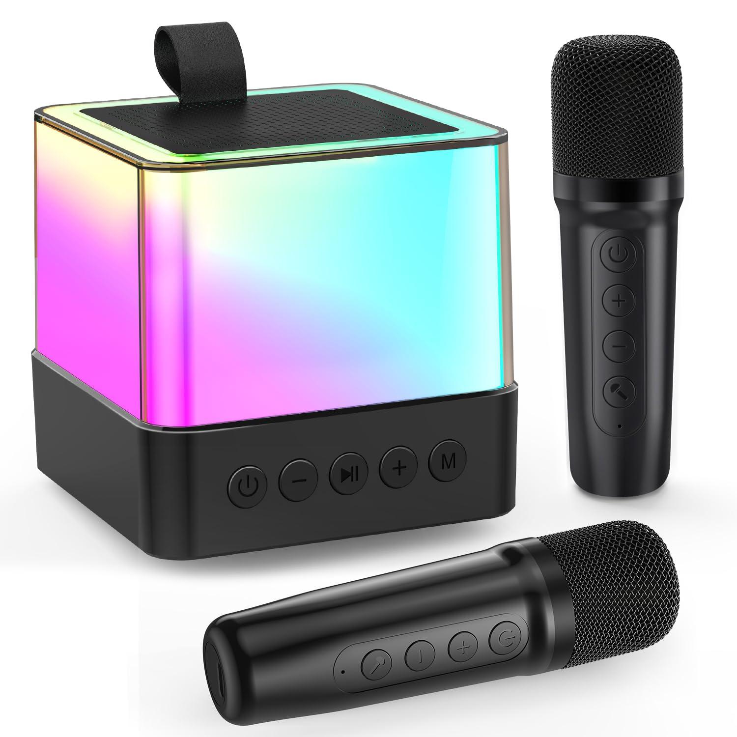 SmileSpree Mini Karaoke Machine for Kids Adults, Portable Bluetooth Speaker with 2 Wireless Microphones, Toys for Girls, Boys - Birthday Gifts for Ages 4, 5, 6, 7, 8, 9, 10, 12+ Family Home Party (Black)
