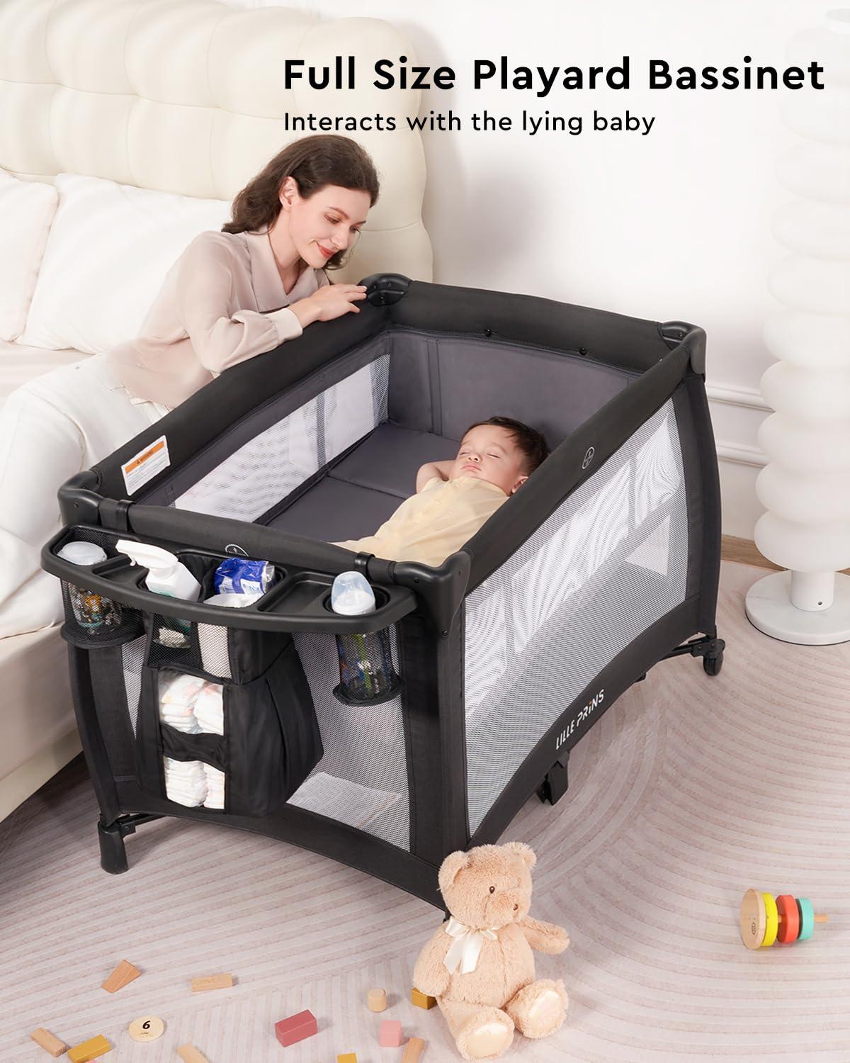 LILLEPRINS LILLEPRINS 4 in 1 Pack and Play with Bassinet, Diaper Changing Table for Newborn Infant, Portable Baby Playpen for Babies and Toddlers