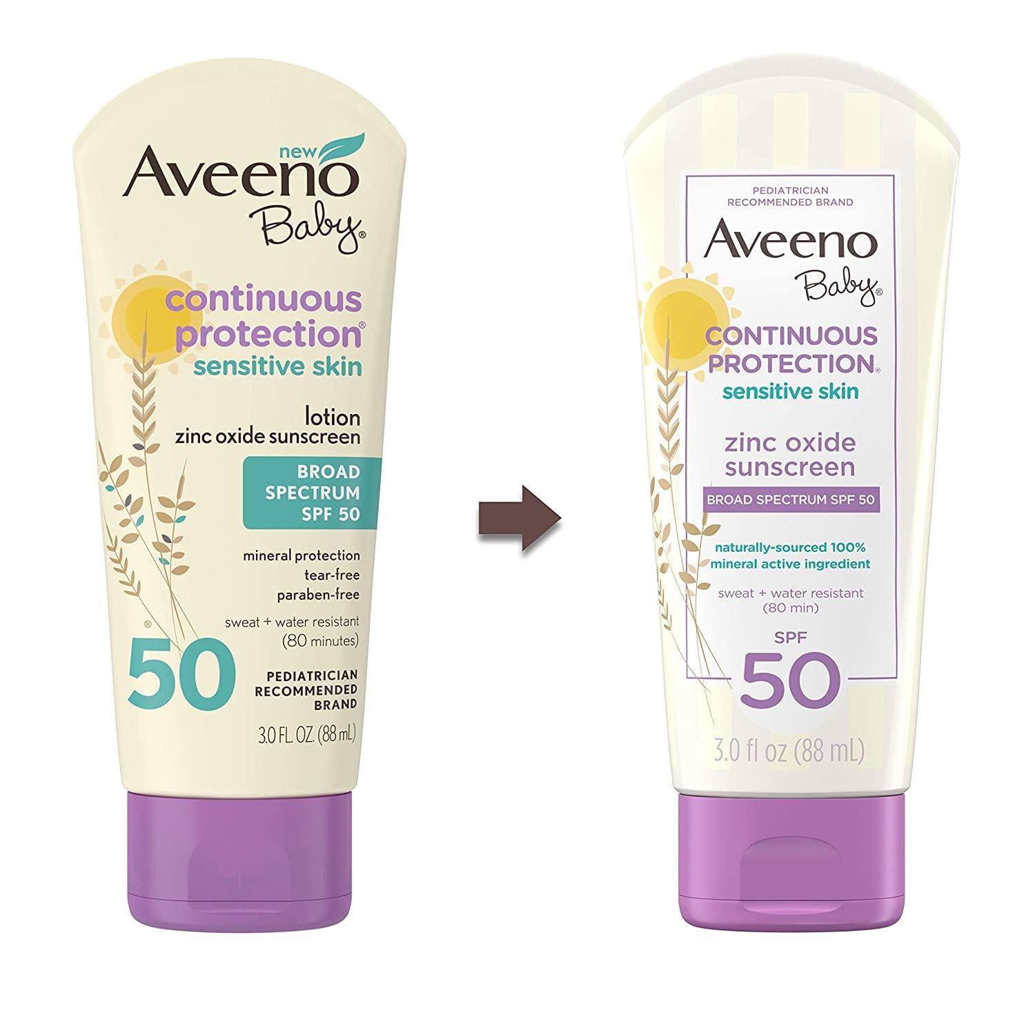 Aveeno Baby Aveeno Baby Continuous Protection Zinc Oxide Mineral Sunscreen Lotion for Sensitive Skin with Broad Spectrum SPF 50, Tear-Free, Sweat- & Water-Resistant, Travel-Size, 3 fl. Oz (Pack of 2)