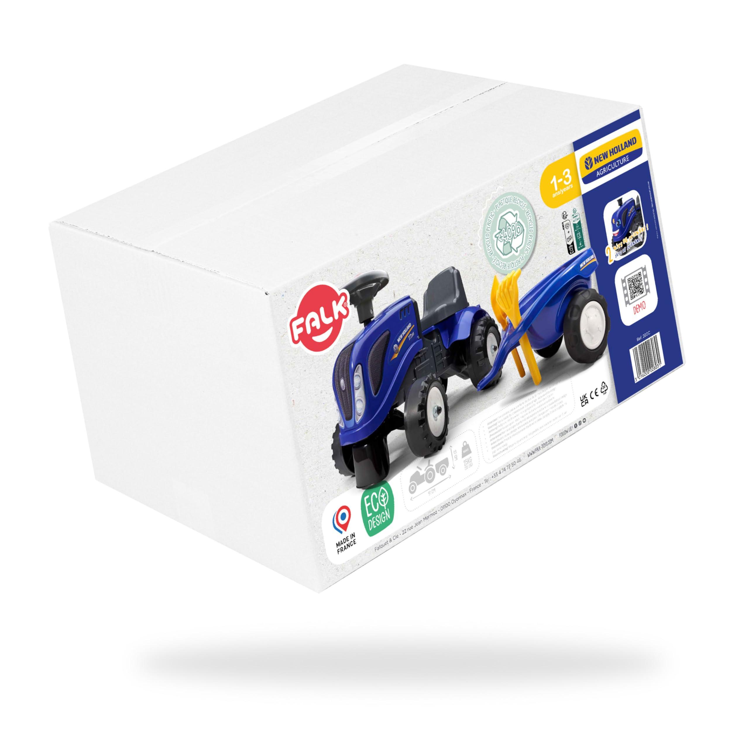 Falk Falk New Holland Tractor with Trailer, Rake and Shovel, 2 Sets of Stickers, Push Ride-On Toy for Toddlers +1 Year FA280C