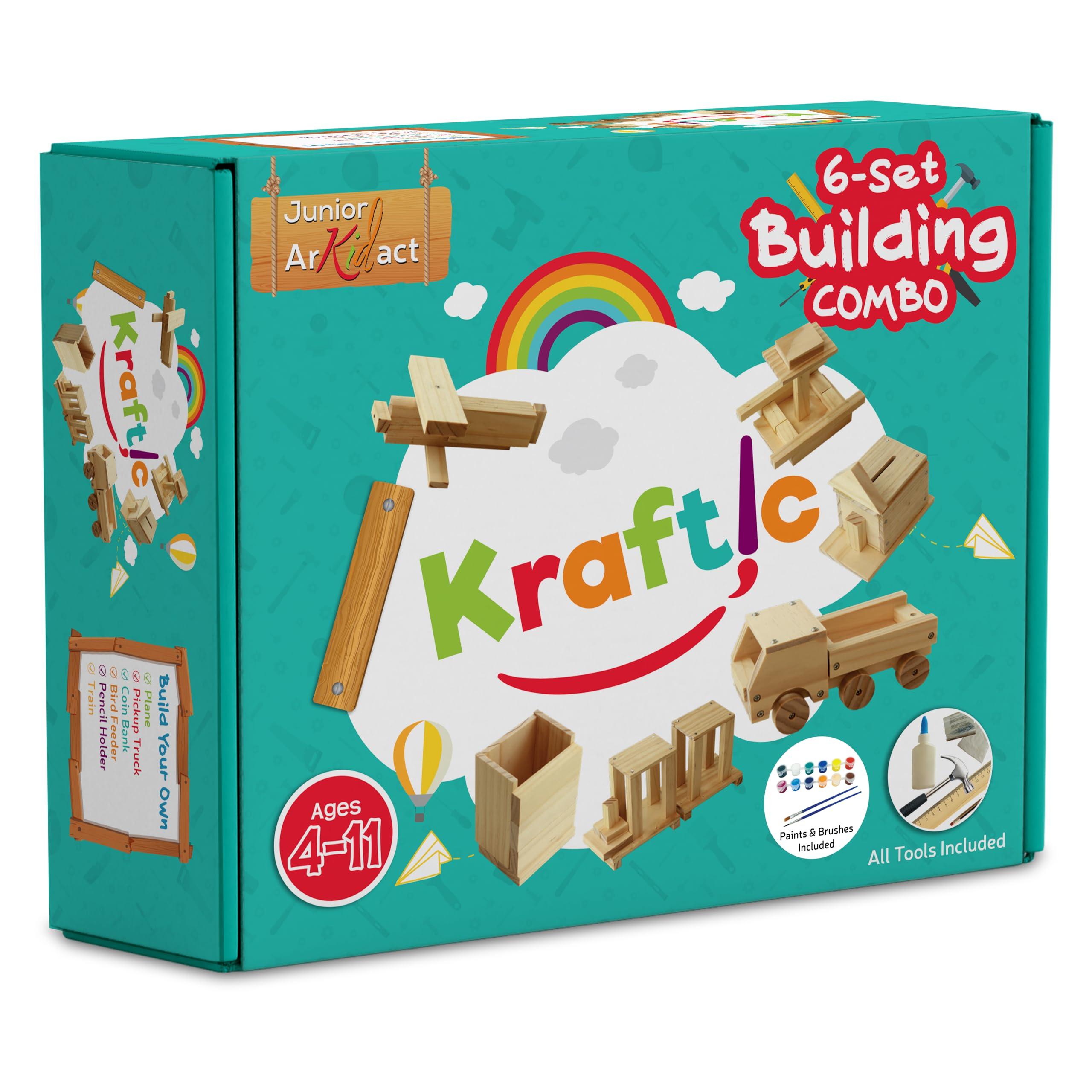 Kraftic Kraftic Woodworking Building Kit for Kids and Adults, with 6 Educational Arts and Crafts DIY Carpentry Construction Wood Model Kit Toy Projects for Boys and Girls