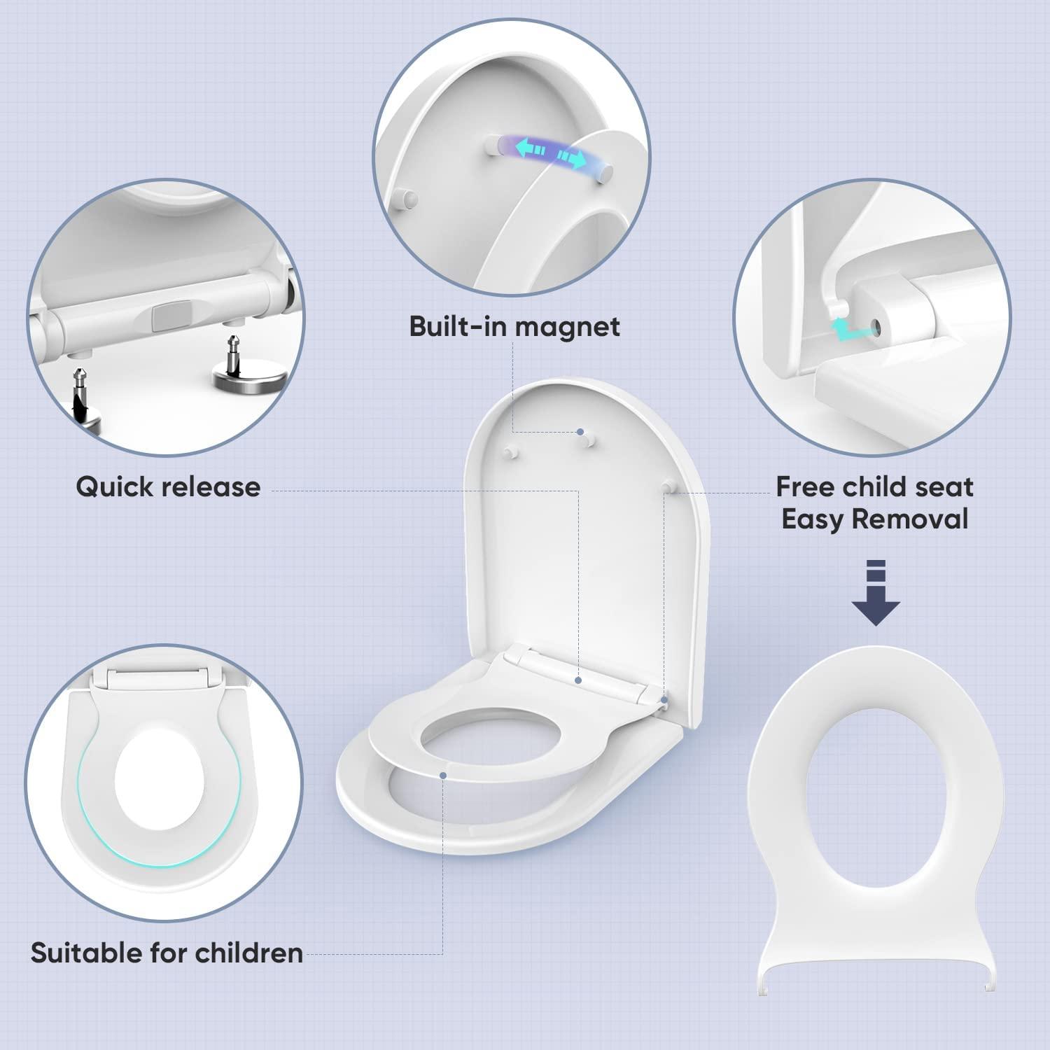 Wttfc Wttfc D Shaped Toilet Seat with Built in Potty Training Seat 2 in 1 Family Adult And Child Kids, Soft Close Toilet Seat with Toddler Seat Built In, Top Installation, White,02Y