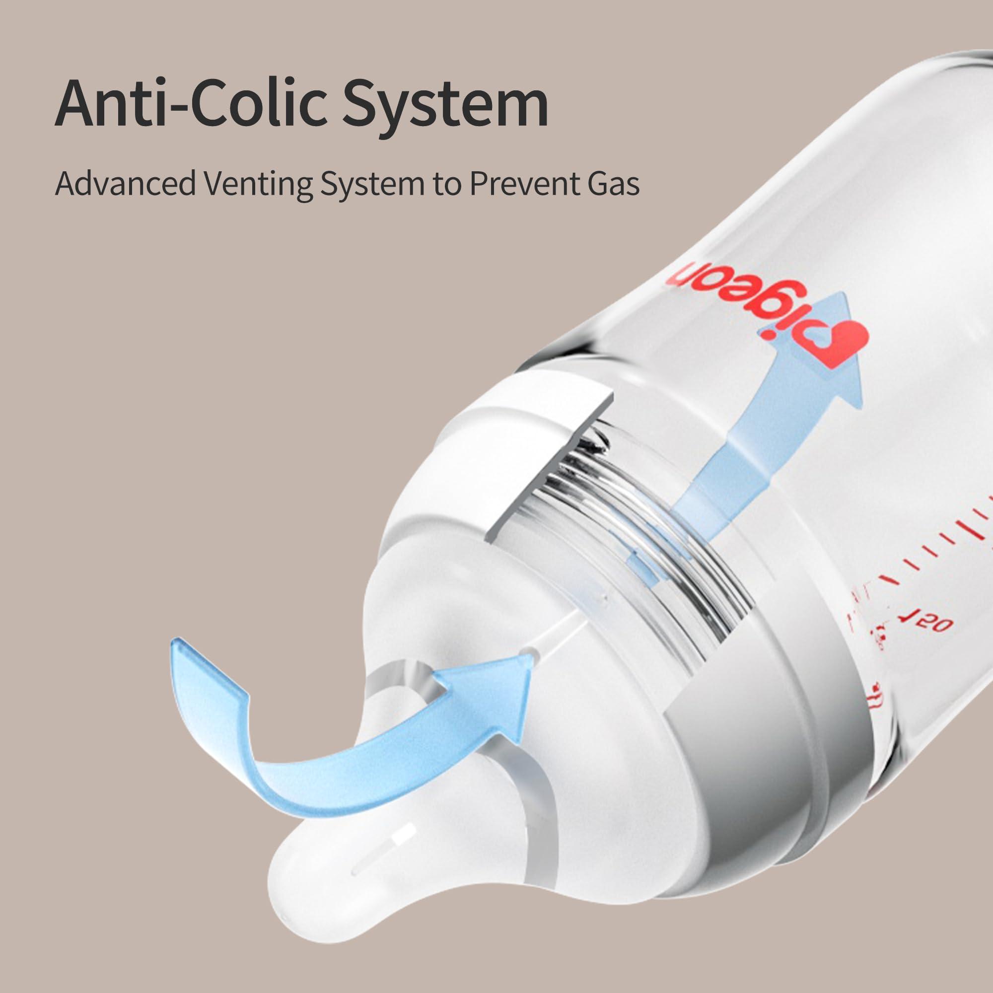 PIGEON Pigeon Glass Nursing Bottle Wide Neck, Anti-Colic, Streamlined Body, Natural Feel, Easy to Clean, Heat-Resistant, 8.1 Oz(Pack of 2), Includes 2pcs M Nipples (3m+)