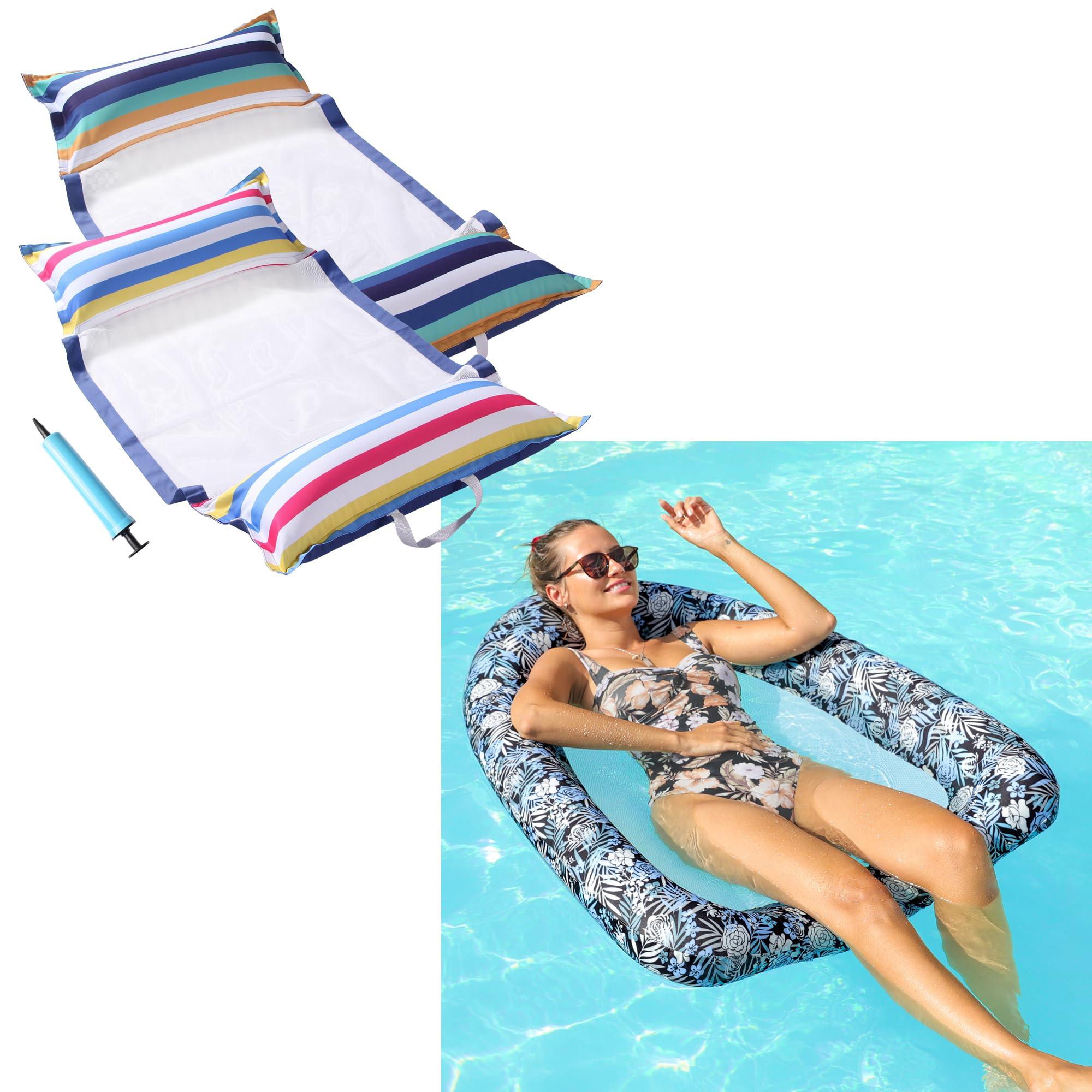FindUWill FindUWill 3-Pack Fabric Pool Hammock Floats, XL, 2Pack Inflatable Water Floaties and Large Fabric-Covered Pool Lounger Chair Raft with Mesh Center, Multi Purpose Pool Floaties Water Hammock Lounge