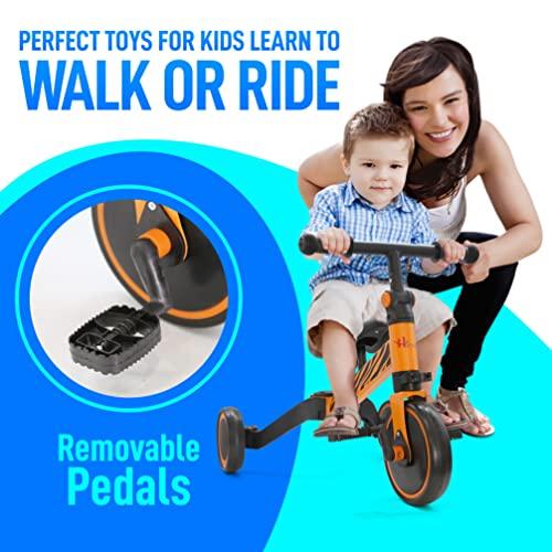 Hurtle 3 in 1 Kids Tricycles - Balance Training Bike Convertible Toddler Walker Riding Toys for 10 Month to 3 Year Old Boys Girls w/Removable Pedals, Carbon Steel Frame, Adjustable Seat Height (Tiger)