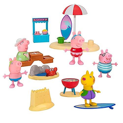 Peppa Pig Family Beach Day Playset 13 Pieces Includes Family Character Figures Accessories Bonus Mystery Friend Summer Toy Gift for Kids Ages 2