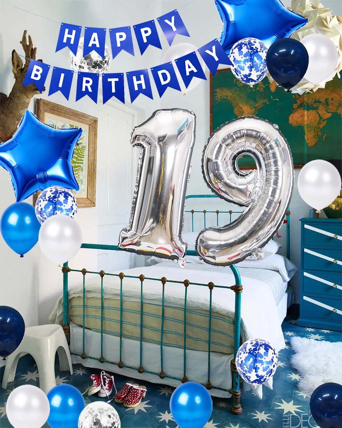 JumDaQQ 19th Birthday Party Decoration for Boys, Happy Birthday Banner Blue Number 19 Birthday Balloons 19th Birthday Latex Confetti Balloon for Boys Him Son 19 Years Old Birthday Decoration Supplies(19th)