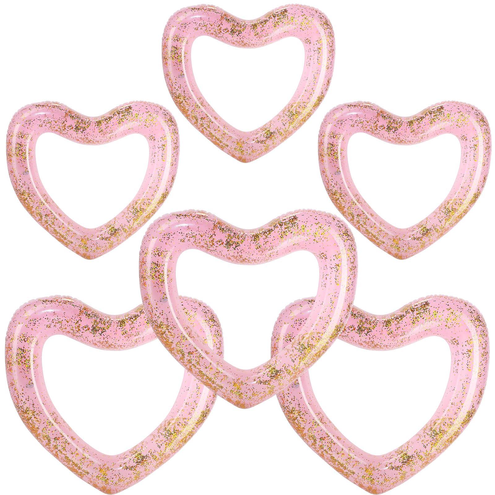 Lenwen Lenwen 6 Pcs Heart Pool Float, 43\"/31\" Inflatable Glitter Heart Floatie Tubes Heart Bachelorette Party Prop Heart Summer Swimming Ring for Wedding Betrothal Party Decor(Light Pink)