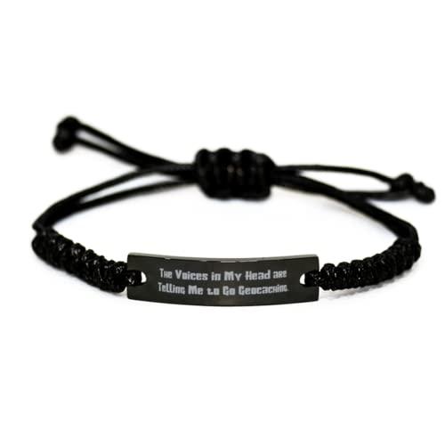 Generic Reusable Geocaching Black Rope Bracelet, The Voices in My Head are Telling Me to Go Geocaching, Fun for Friends, Holiday