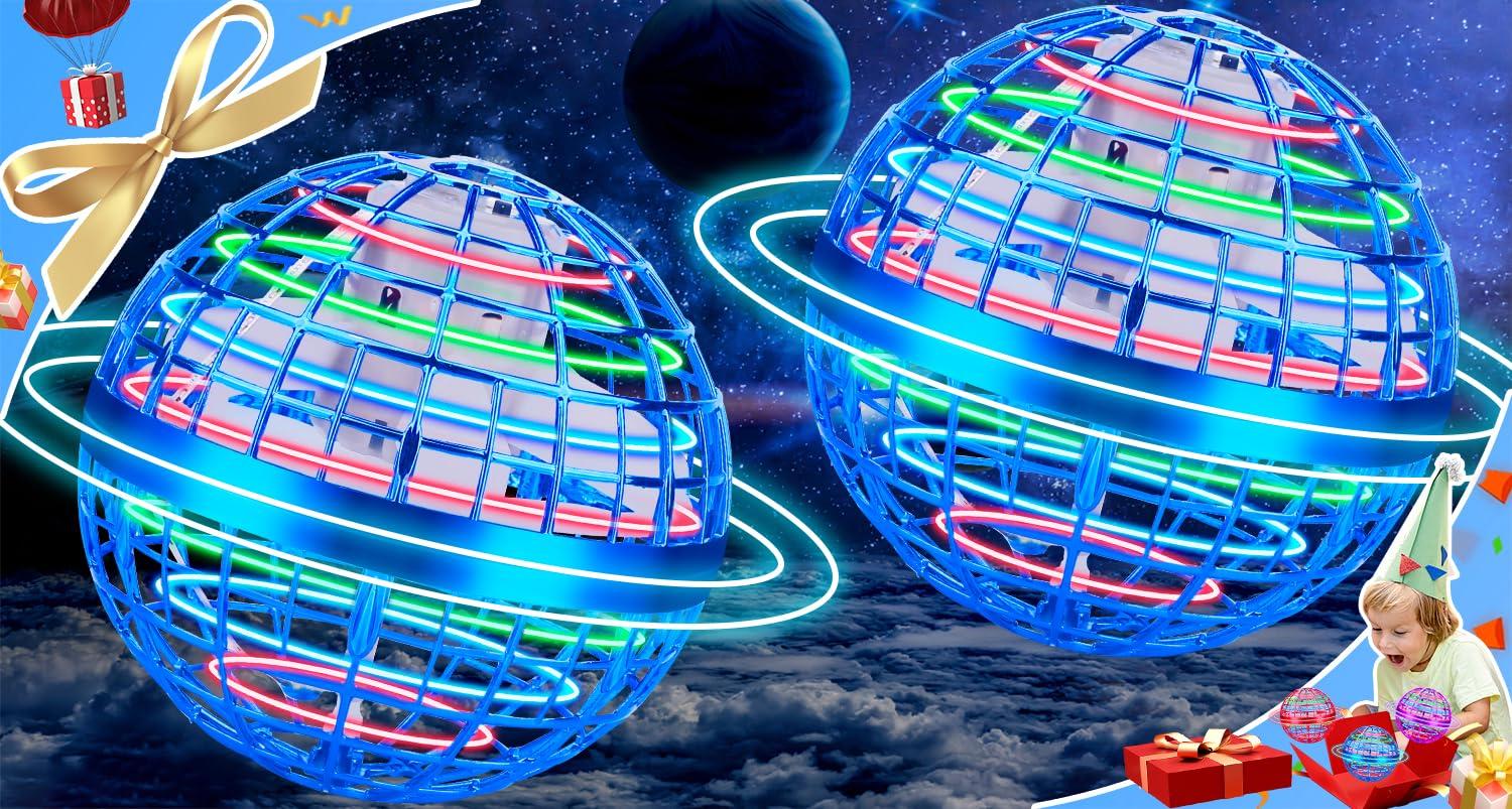 Vantexi Flying Orb Ball 2 Pack,Cosmic Globe Boomerang Ball with LED Lights,Hover Fly Orb Ball Flying Spinner Mini Drone,Flying Ball Drone Toy,Christmas Birthday Gifts for Boys Girls(Blue*2)