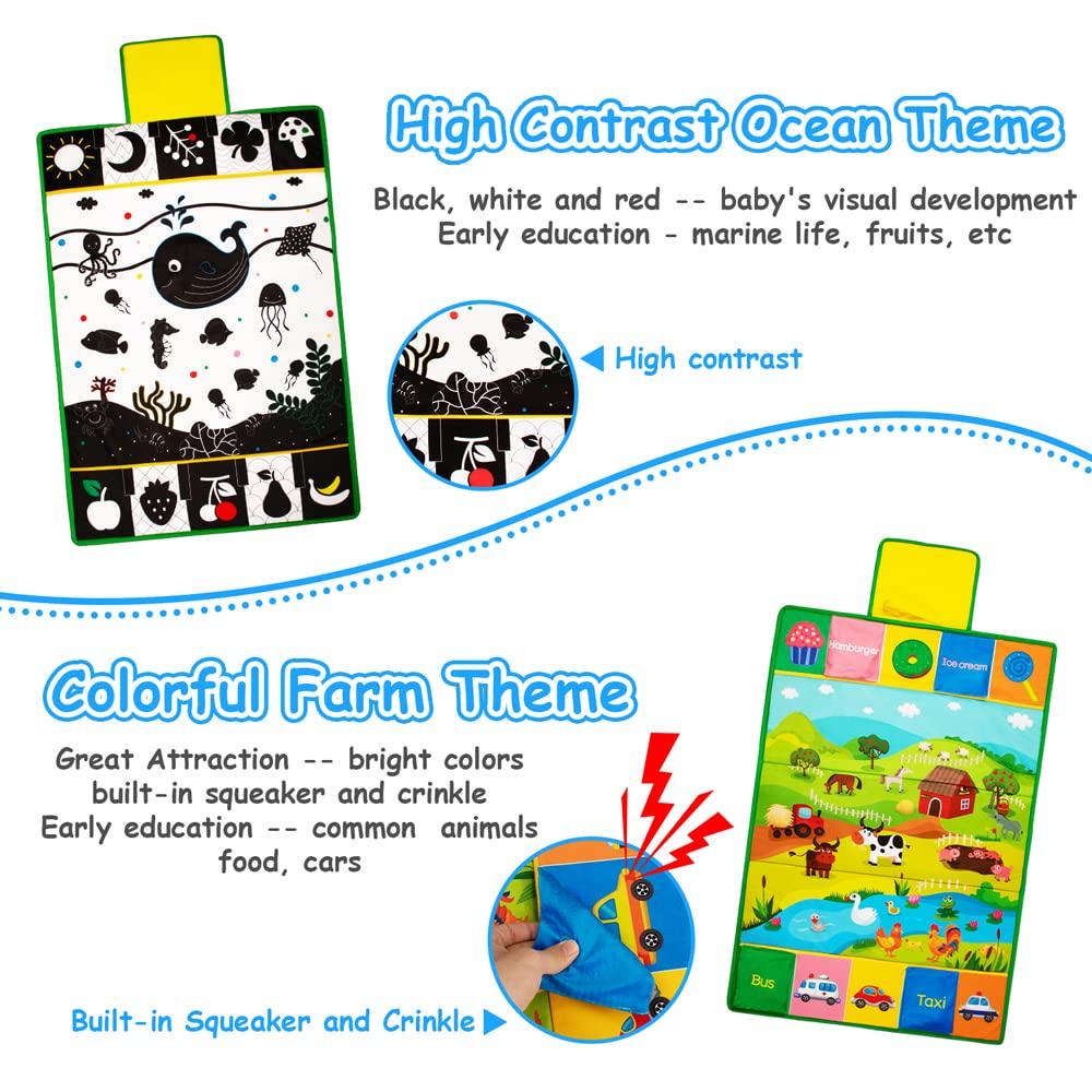 Inbeby Inbeby Tummy Time Mirror & Play Mat & Pillow 3-in-1, High Contrast Black and White Baby Toys, Activity Mat for Early Education, Newborn Infant Tummy Time Toy Set for 0 3 6 12 Month Crinkle/Squeake