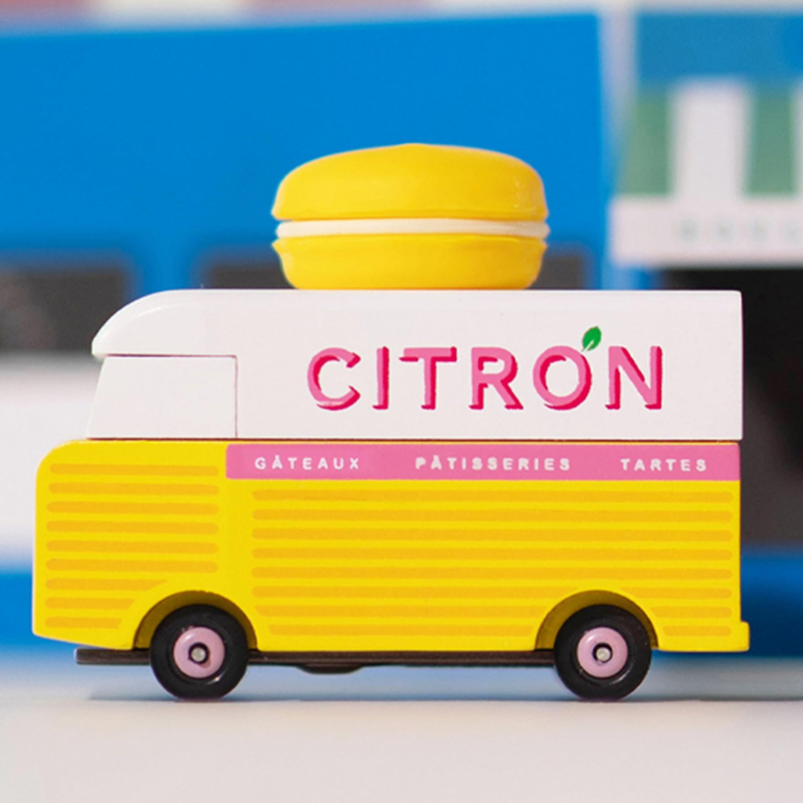 CANDYCAR Candylab Toys CANDYCAR Wooden Food Truck Collection - Citron Macaron Van, Premium Handcrafted Beech Wood Toy Car