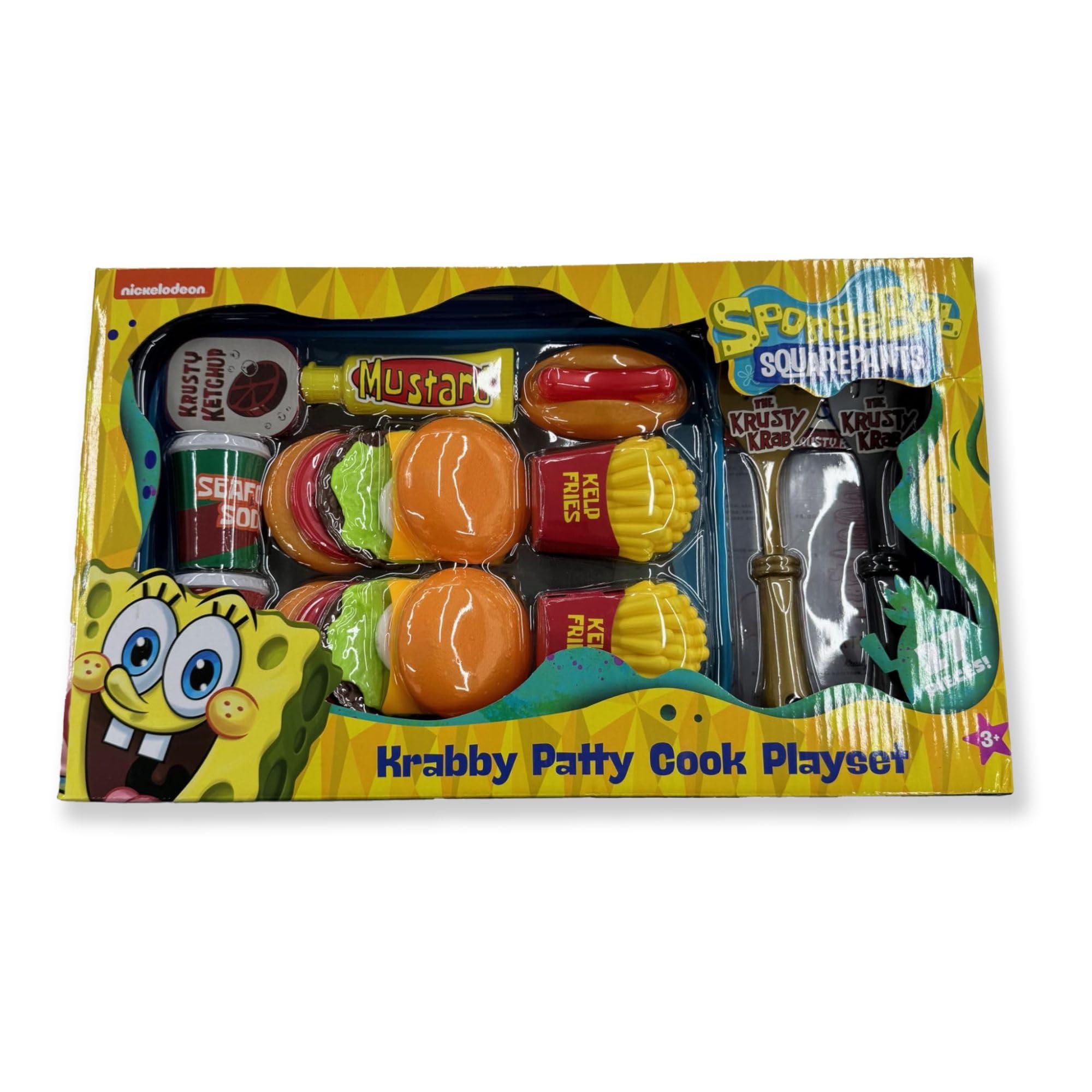 SpongeBob SquarePants SpongeBob SquarePants Krabby Patty Toy Combo Meal Playset, Pretend Krusty Krab Burgers, and Fries Interactive Plastic Fast Food Set for Kids Toddlers