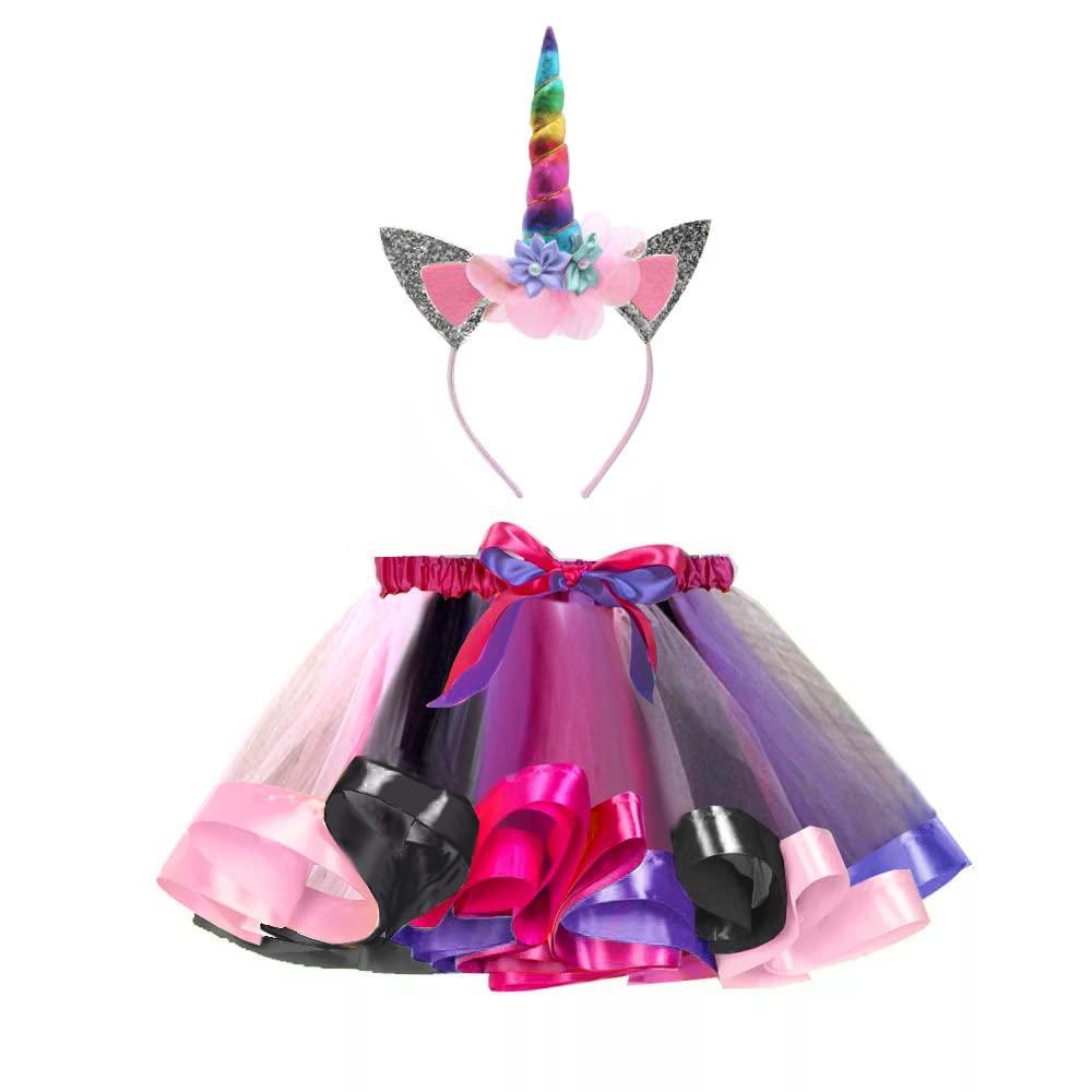 The Black Unicorn Shop Layered Tulle Magical Tutu and Unicorn Headband Set - Pink/Black/Bubblegum (Girl's 2-4)
