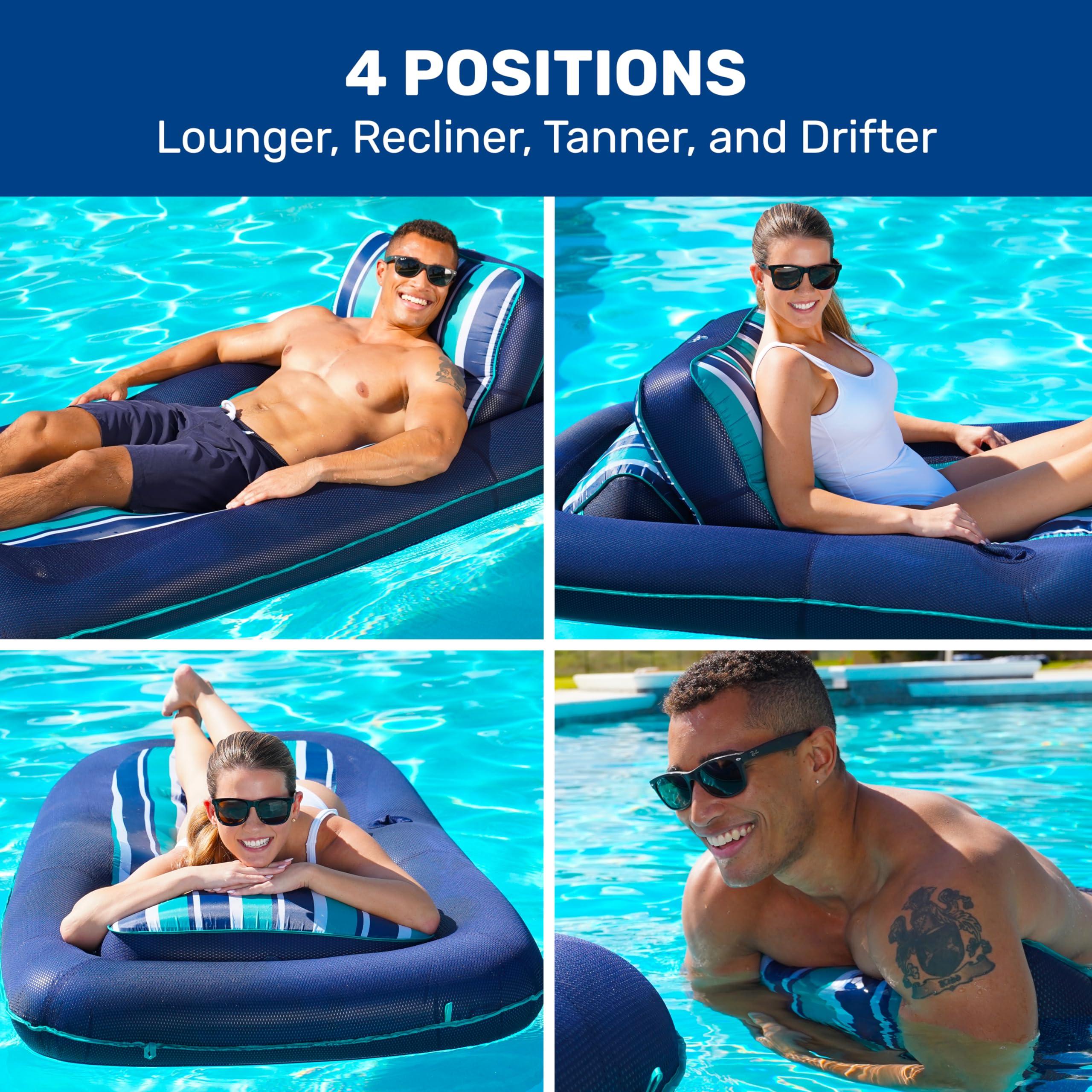 Aqua LEISURE Aqua Premium Convertible Pool Float Lounge Extra Large Heavy Duty, Inflatable Pool Floats for Adults with Cupholder Navy/Green/White Stripe