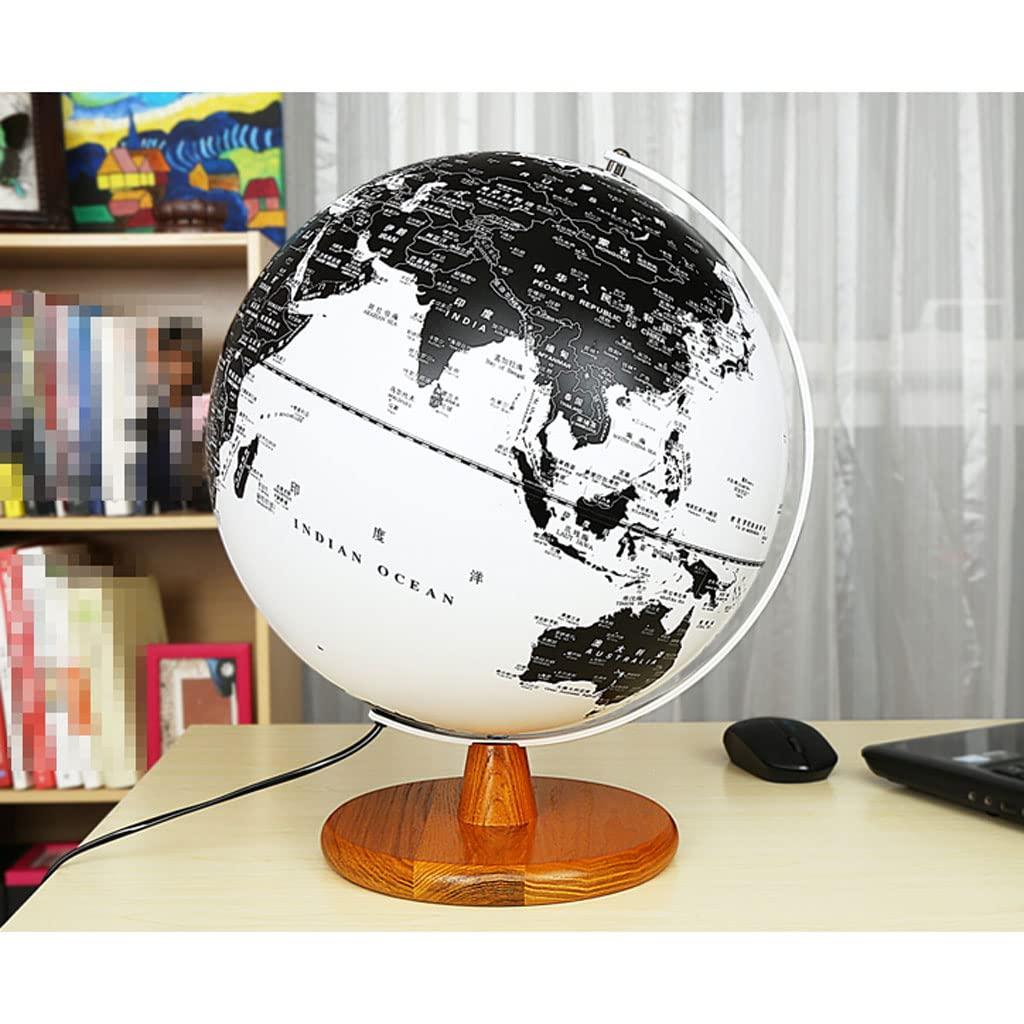 ZAJ ZAJ 10\'\' Black & White World Globe W/Metal Arc & Wooden Base 25cm Illuminated Globe of The World Build in LED Night Light for Office