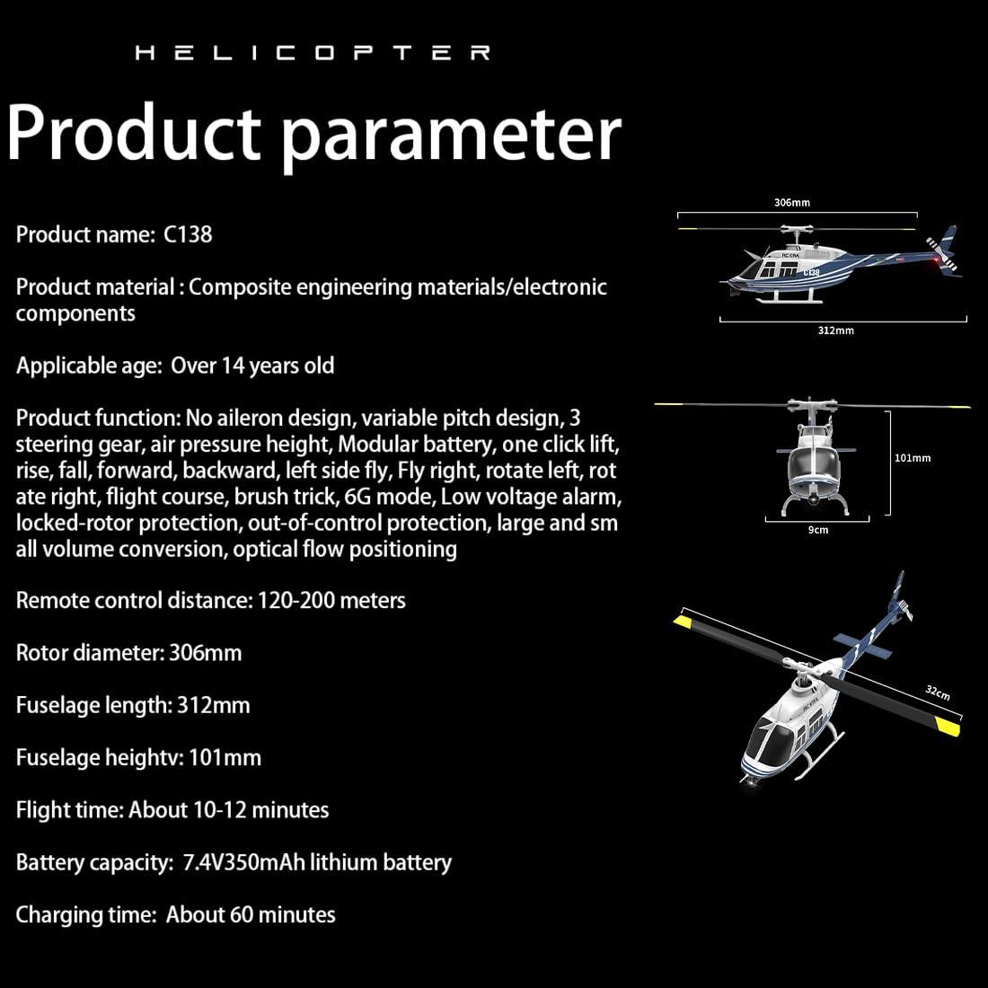 URFunModel URFunModel 1/33 206 RC Helicopter for Adults, 2.4G 6CH Remote Control Helicopter with Optical Flow Positioning, RC Aircraft RC Airplane, RC Flying Plane RC Military Helicopter Gift -RTF