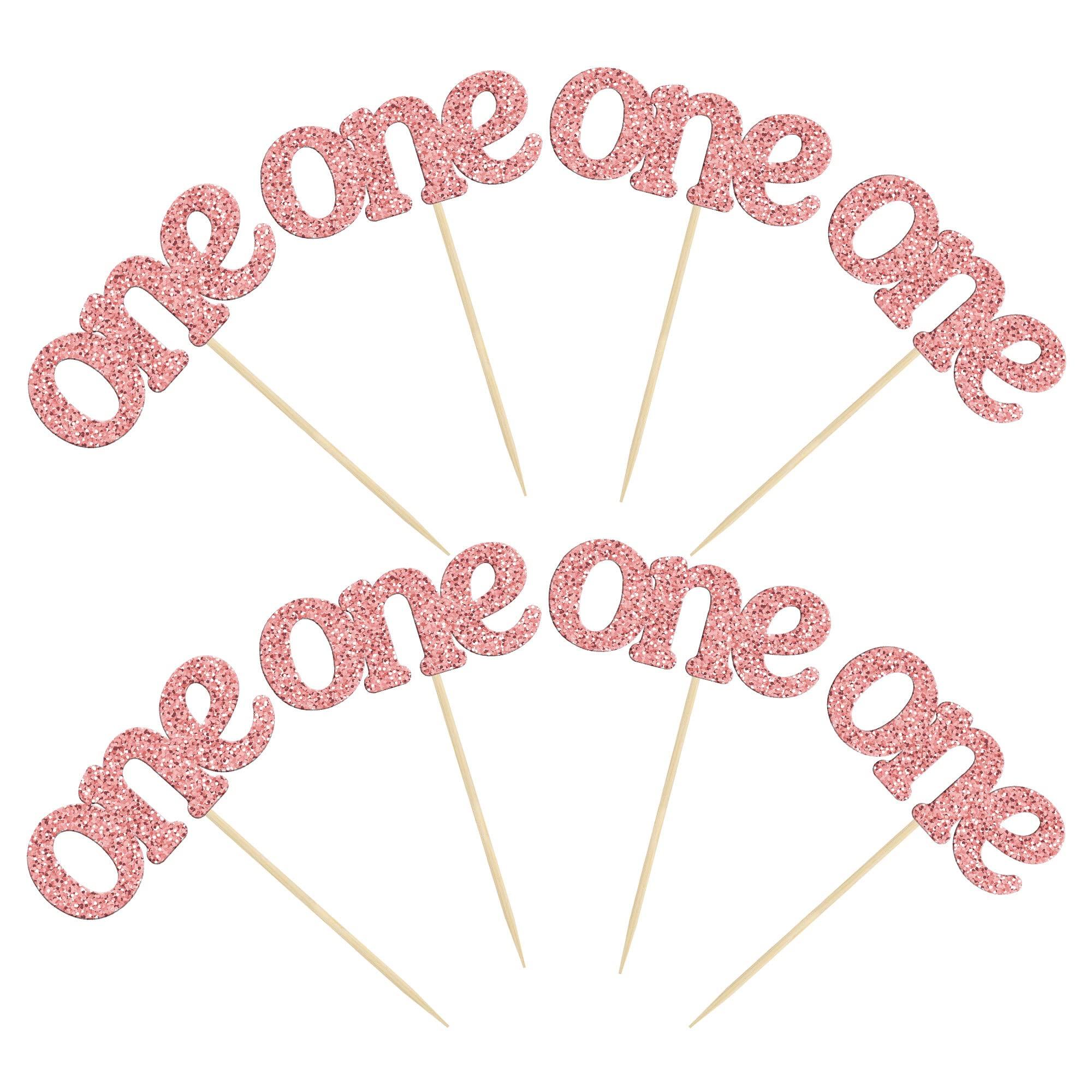Ephlyn 24Pcs First Birthday Cupcake Toppers Glitter One Cupcake Picks Baby Shower 1st Birthday Cake Decorations Party Supplies Rose Gold