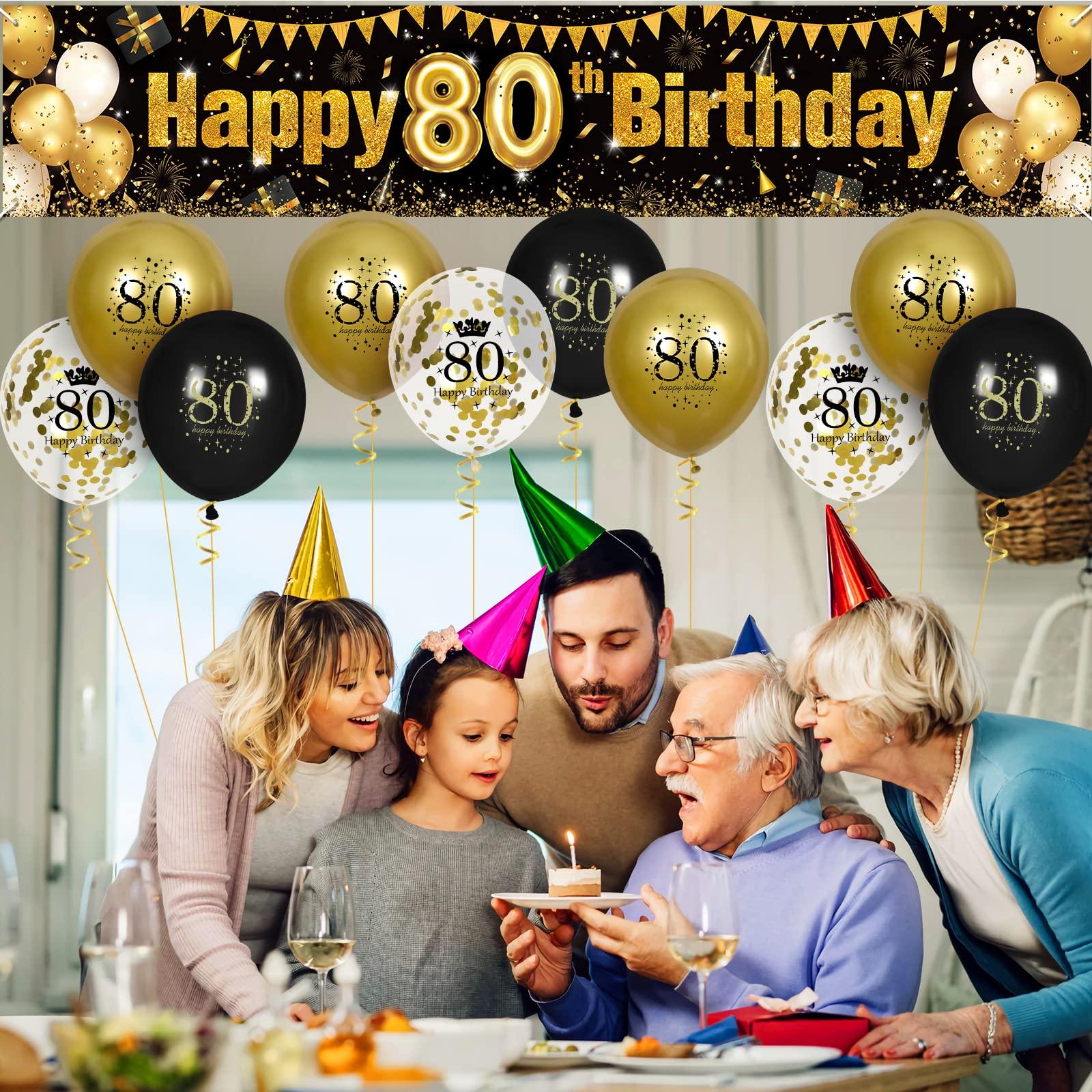 RUMIA 80th Birthday Decorations for Men Women Black and Gold, Black Gold Birthday Yard Banner Sign and 18 PCS 80th Happy Birthday Balloons for 80th Anniversary Birthday Party Supplies Outdoor Yard Decor