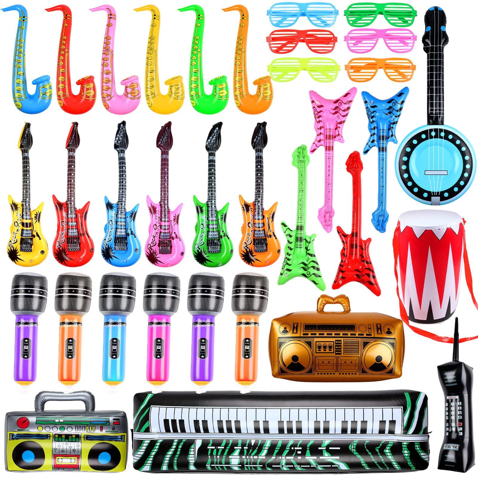 Seematn 42 Pcs Inflatable Rock Star Toy Set, Inflatable Party Props Musical Instrument 80s Party Decorations 90s Theme Party Decorations Including Inflatable Guitars Bass Guitar Saxophone Microphones and More
