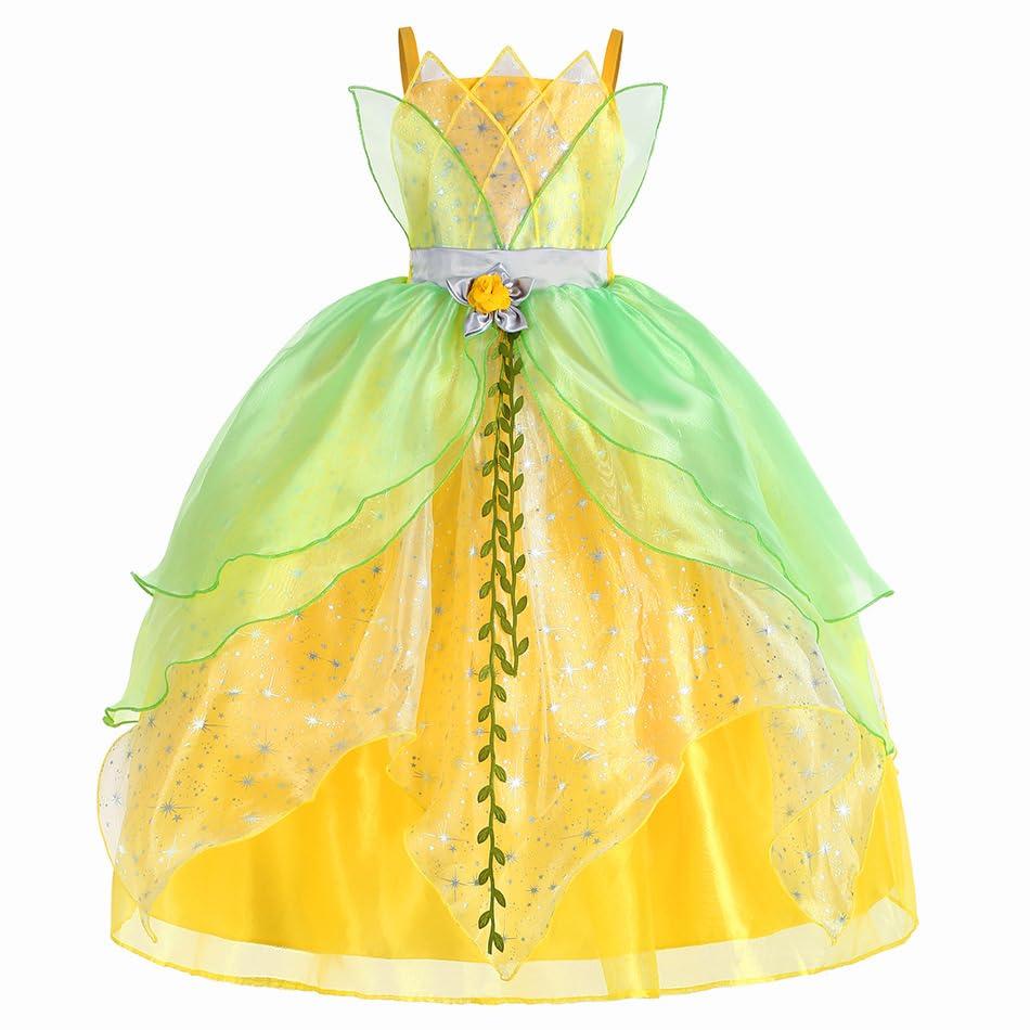 Milycoqi Princess Tiana Costume for Girls Birthday Party Halloween Outfit Costume Cosplay Dress up with Accessories for 3T