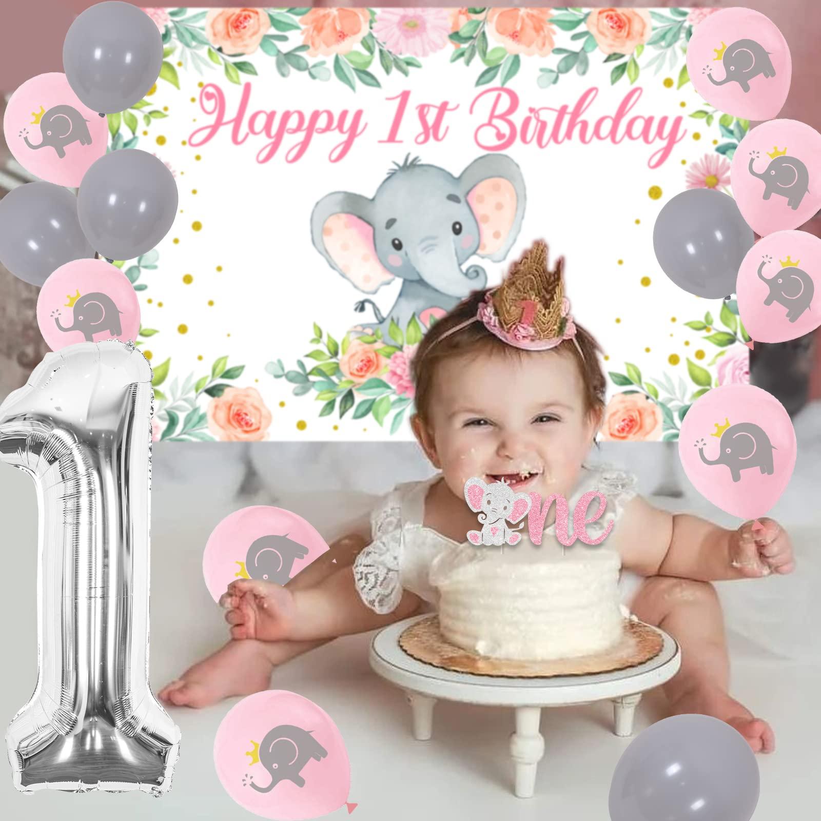 Funmemoir Elephant 1st Birthday Party Decorations Girl - Happy 1st Birthday Backdrop, Elephant One Cake Topper, Cupcake Toppers, Balloons, Pink Elephant Theme First Birthday Party Supplies