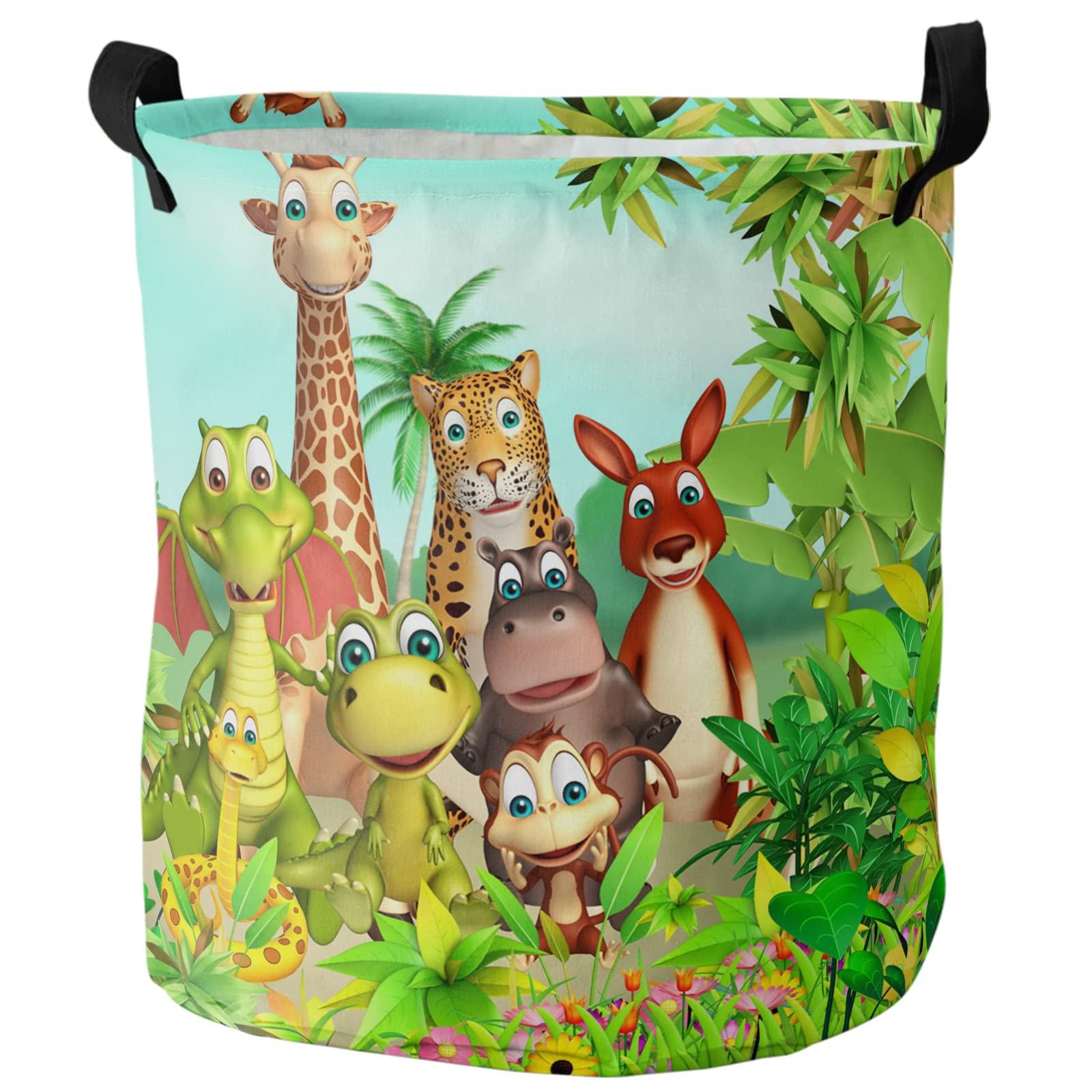 ARTSHOWING Jungle Animals Large Laundry Basket Waterproof Round Laundry Hamper with Handles Collapsible Storage Bin Cartoon Animals Dinosaur and Kangaroo in the Forest Dirty Clothes Hampers Toy Organizer Boxes