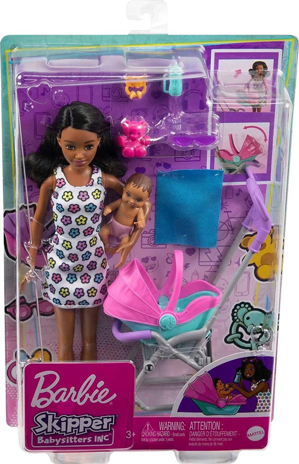Barbie Barbie Skipper Babysitters Inc Playset with Brunette Doll, Stroller, Baby Doll & 5 Accessories, Remove Stroller Seat for Carrier
